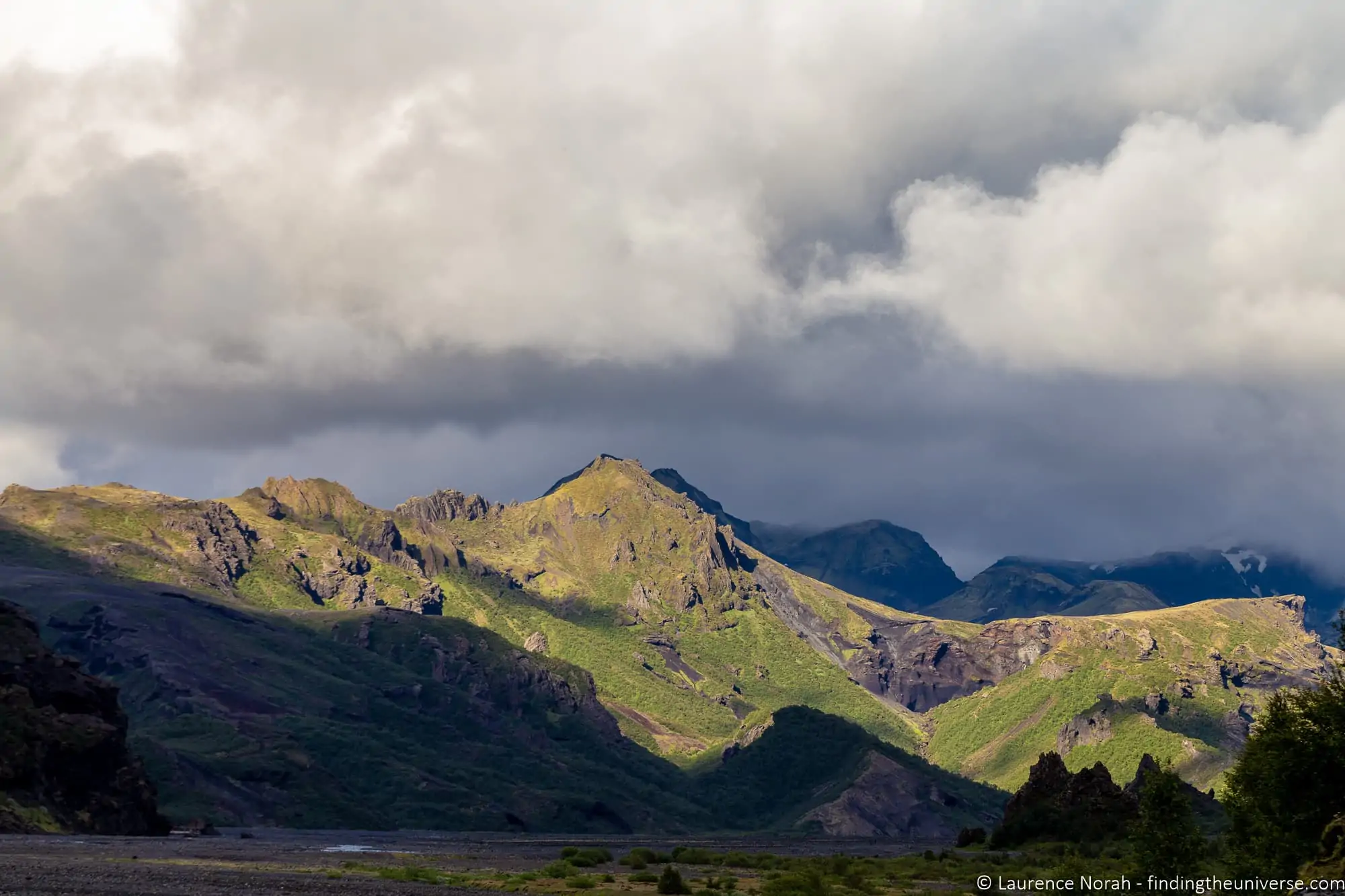 Green mountains and low cloud in the Þórsmörk region of the Icelandic highlands