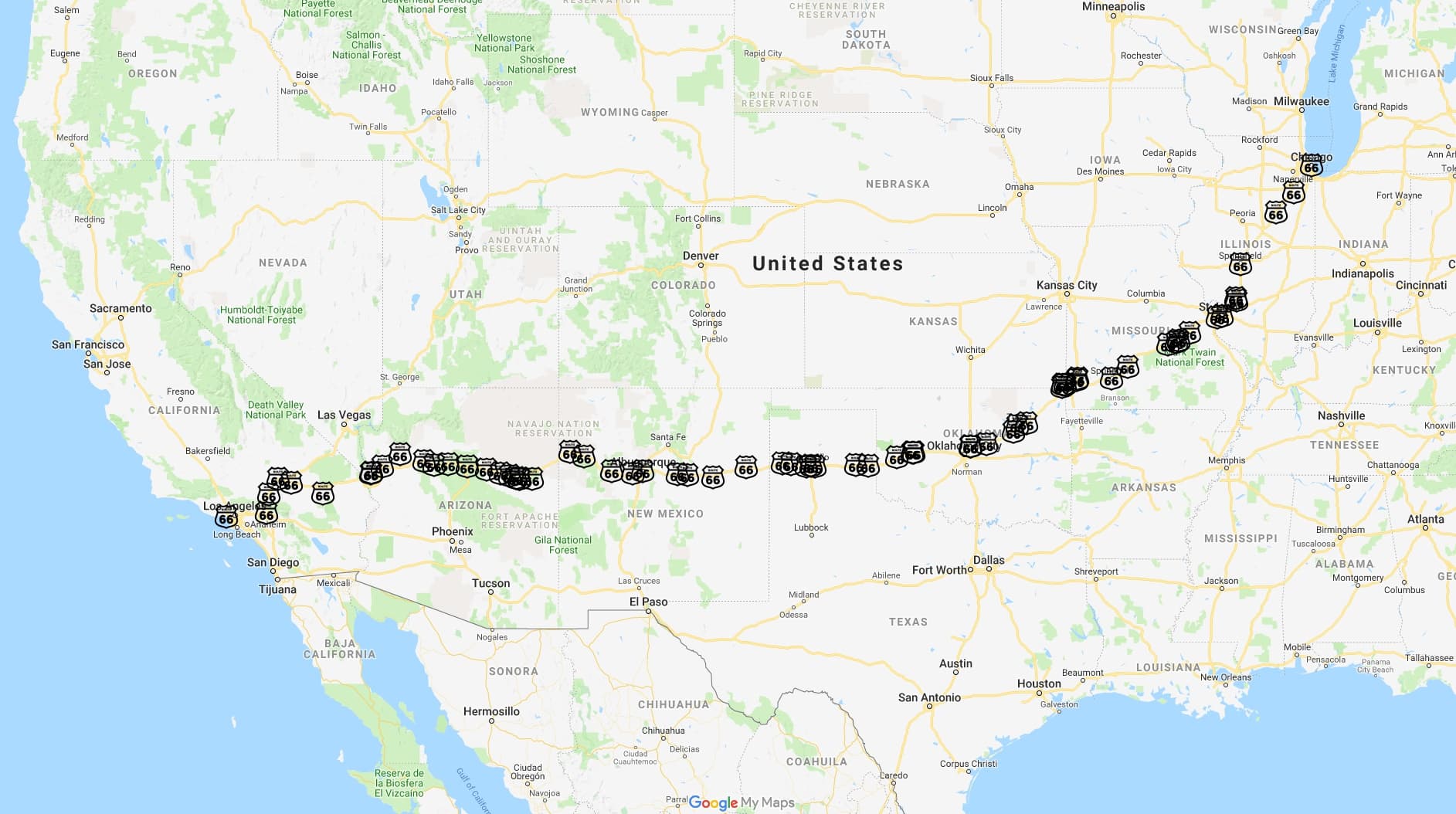 Route 66 itinerary map.