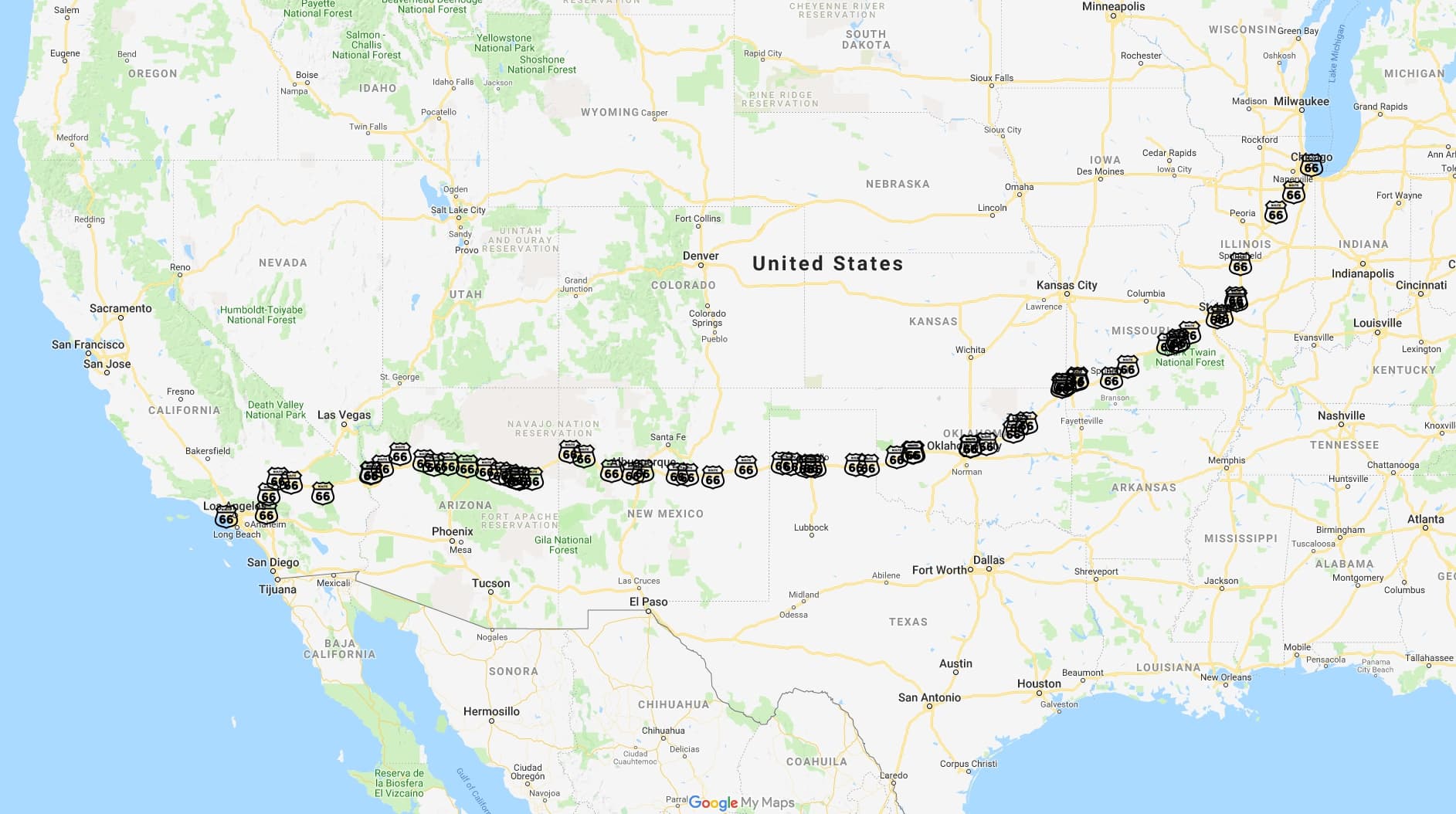 route 66 distances and travel times