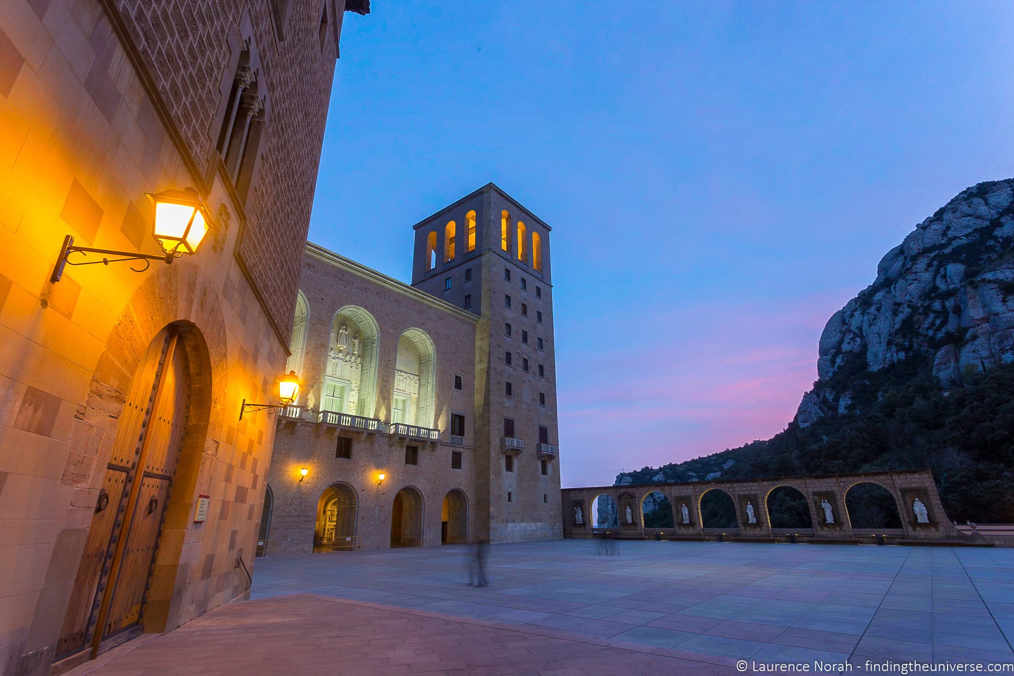 Exterior of Monserrat Abbey at sunset