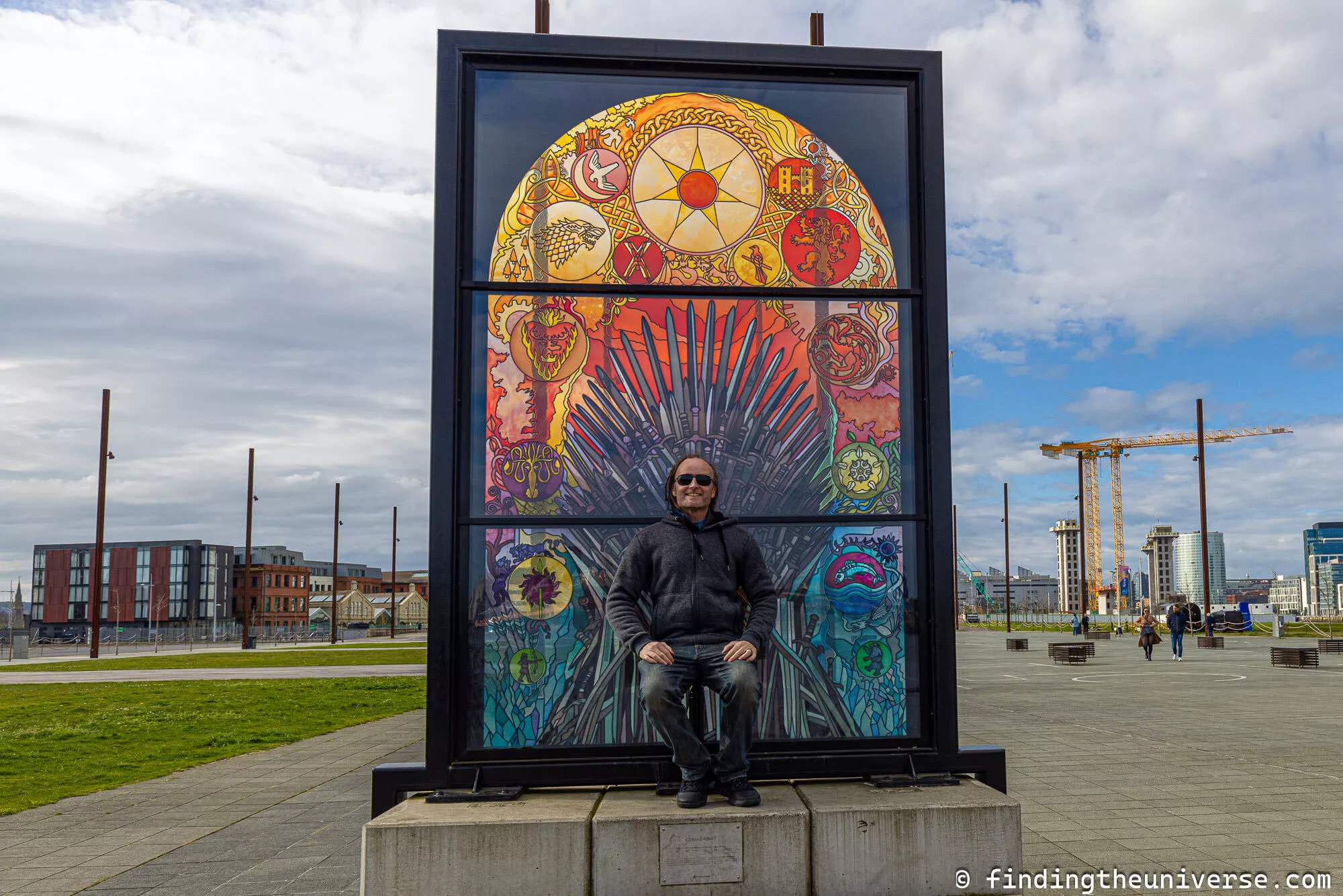 Laurence on Game of Thrones throne at the Glass of Thrones trail, Belfast