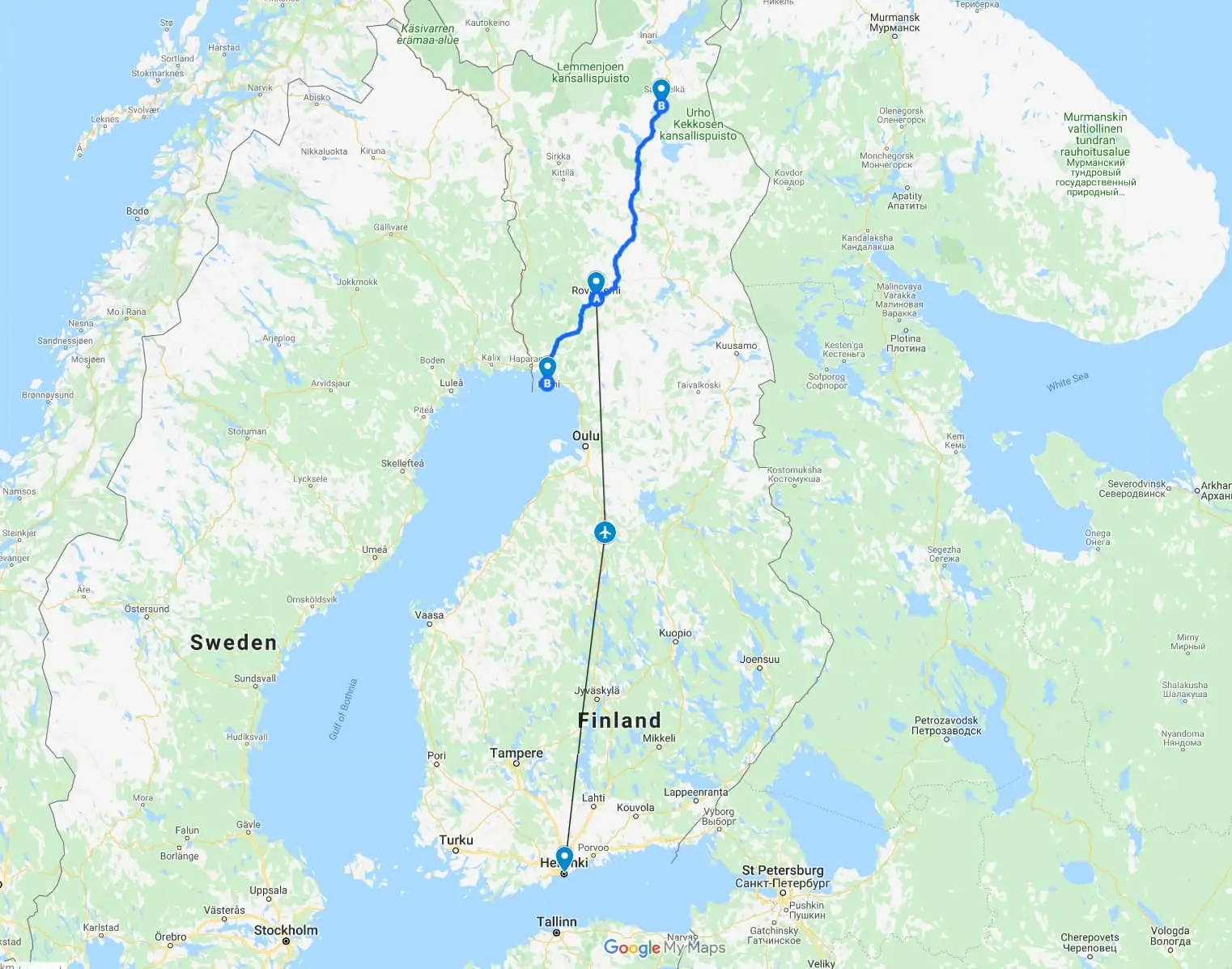 Map of Finland Winter Itinerary
