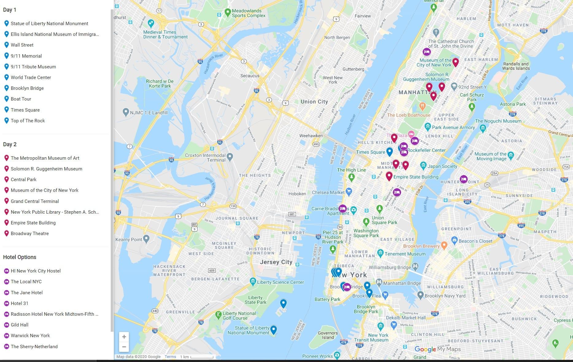 new york trip planner map