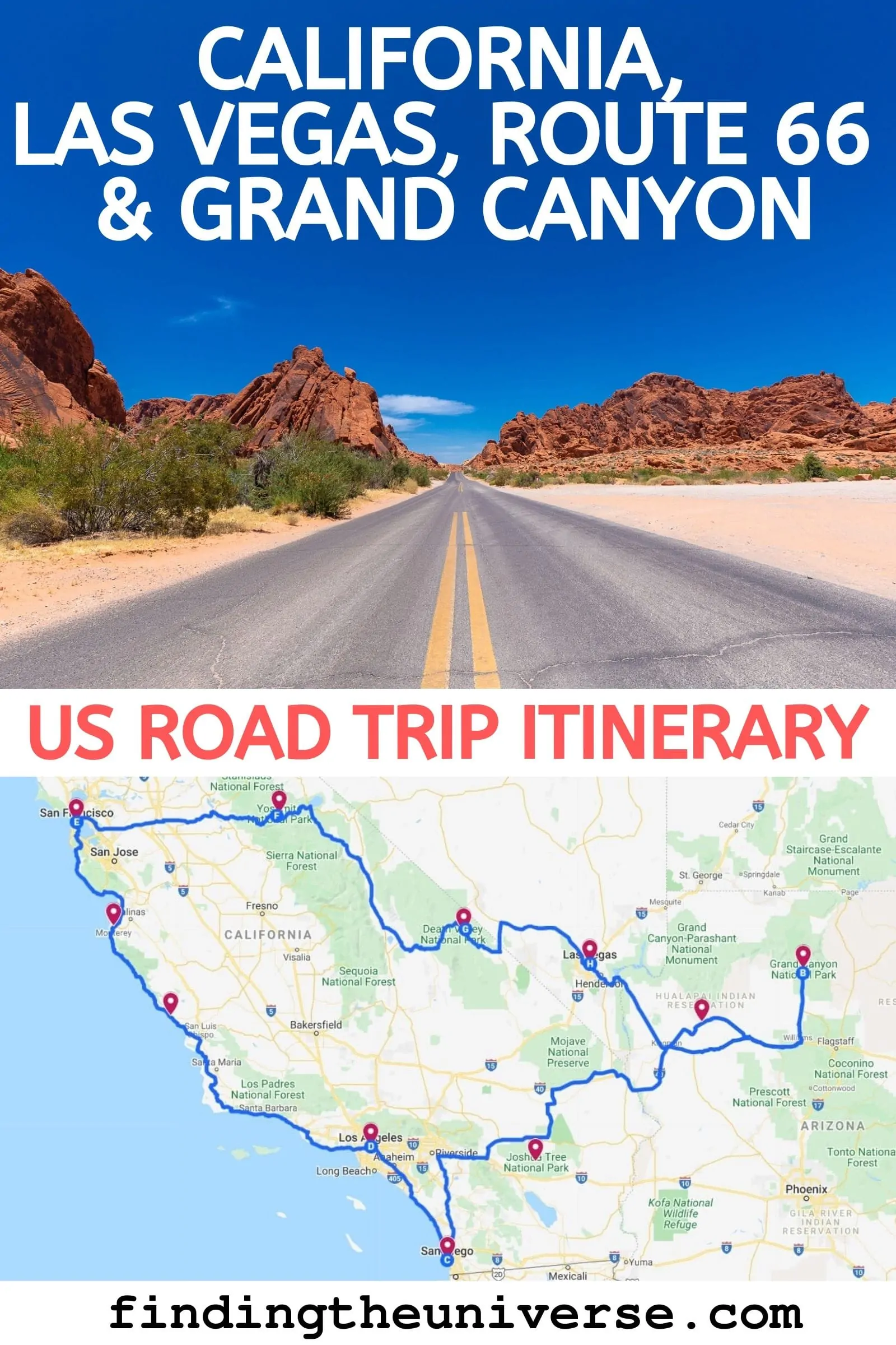 A USA road trip itinerary that covers California, Nevada and Arizona, including Route 66, the Grand Canyon, Las Vegas, Yosemite, Los Angeles and San Francisco!