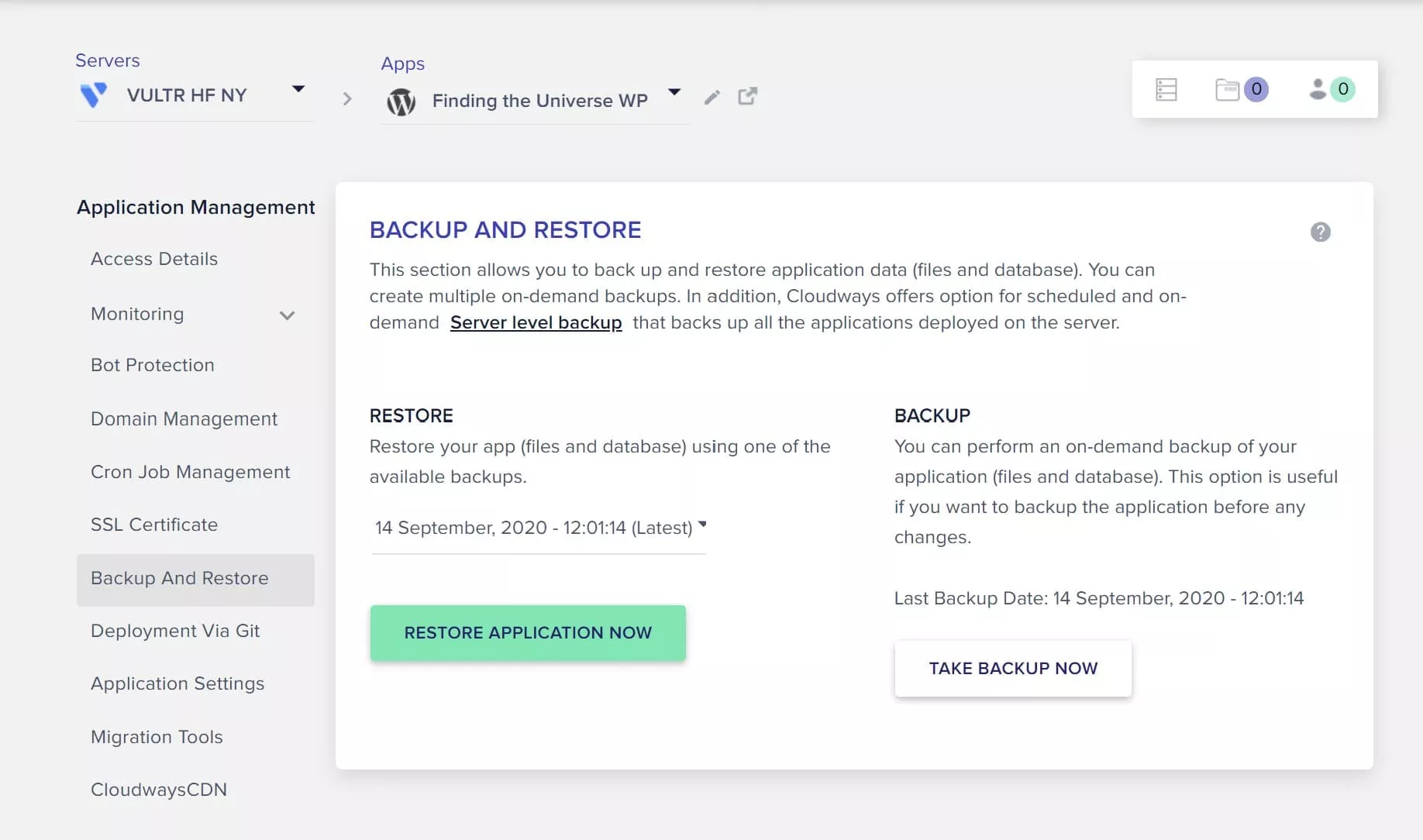 Cloudways application management screen