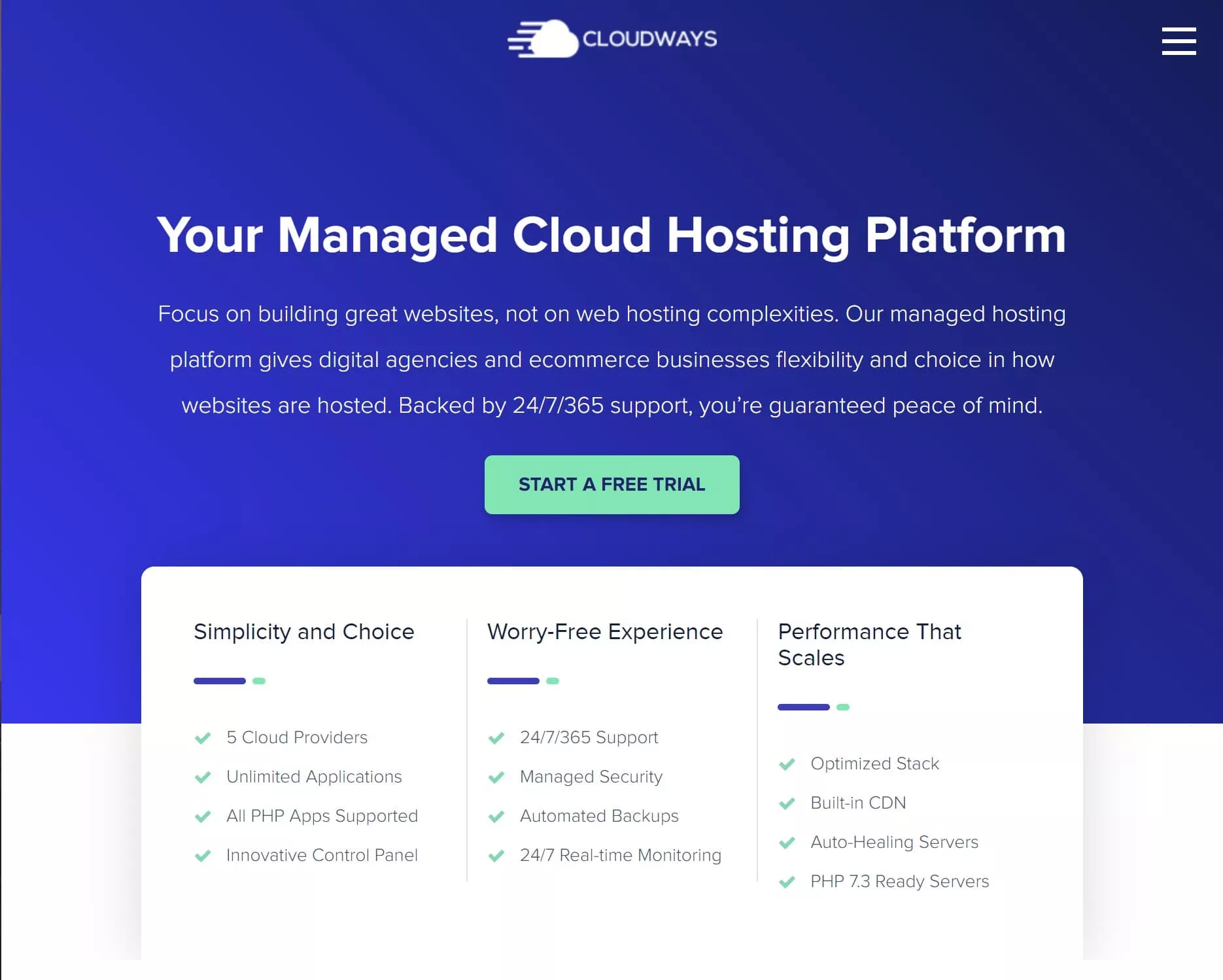 Cloudways homepage showing managed cloud hosting plans