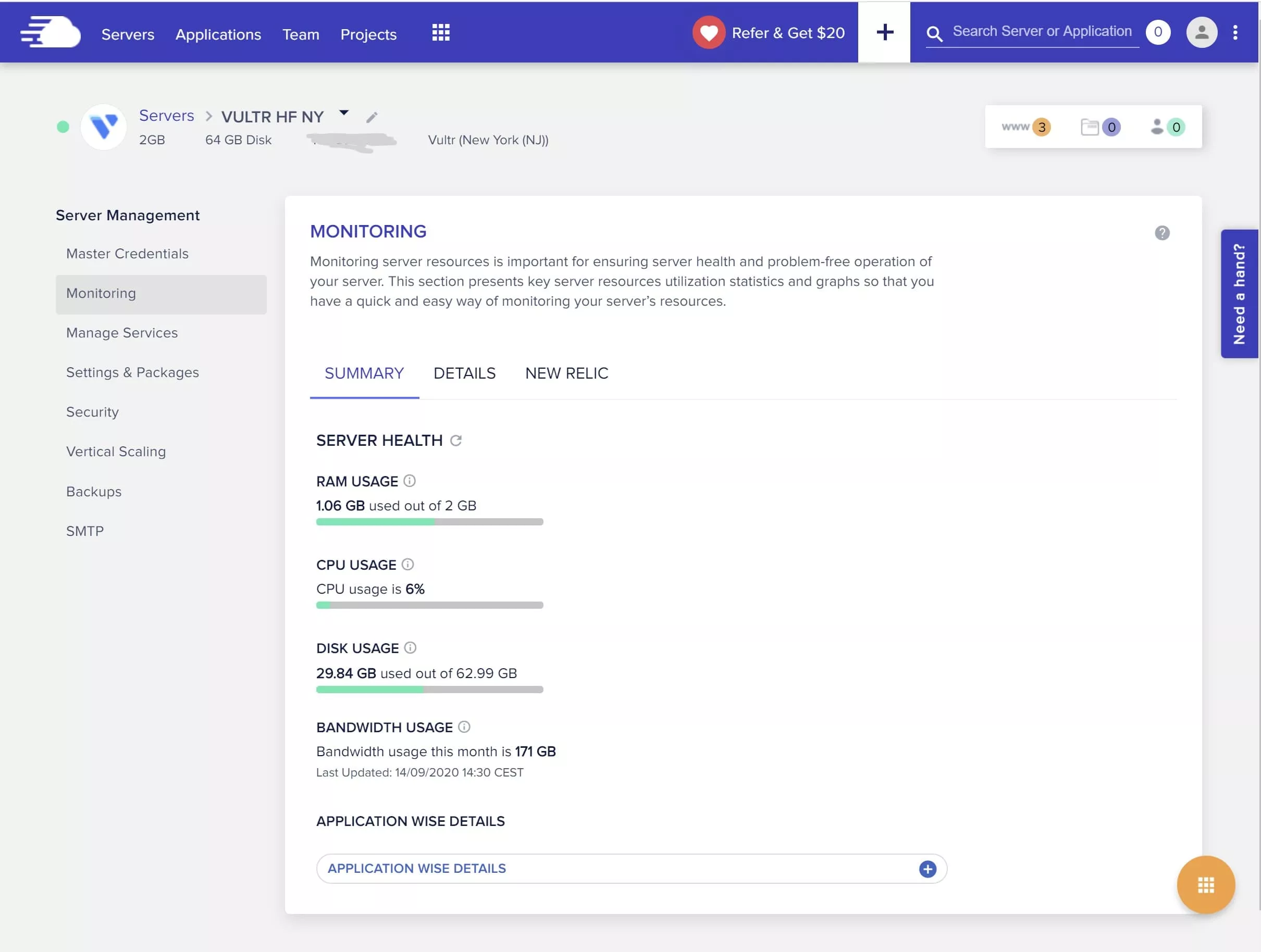 Cloudways server monitoring screen