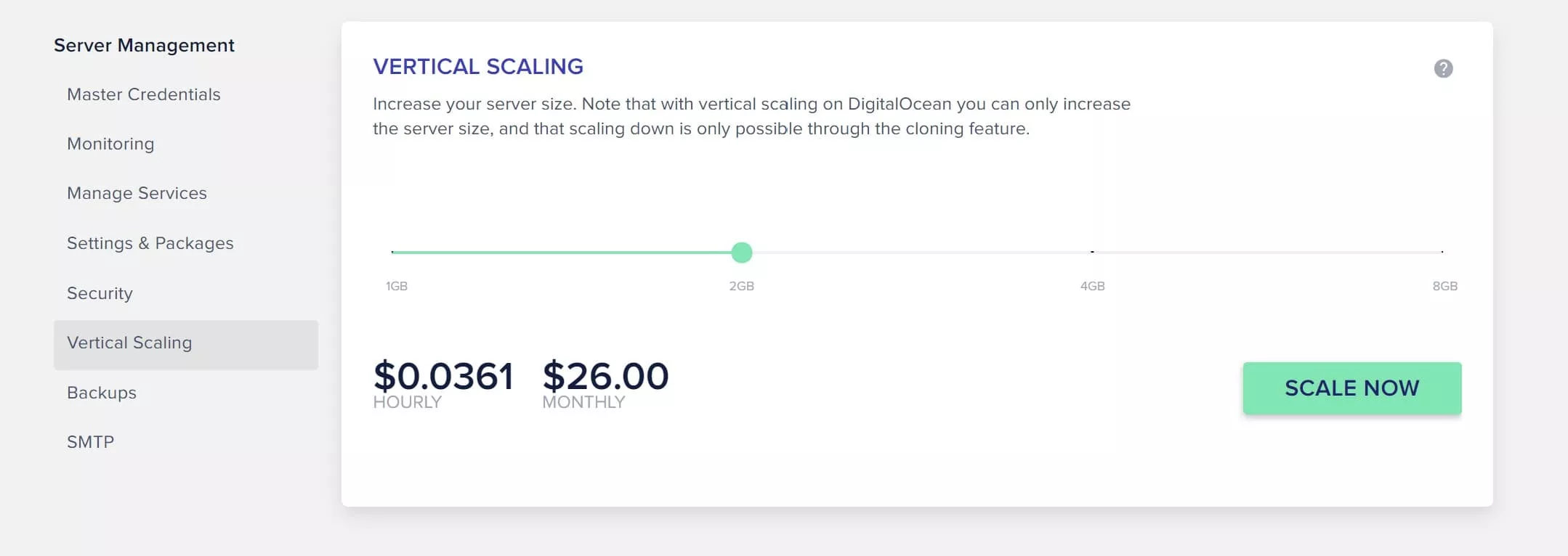 Cloudways server scaling screen