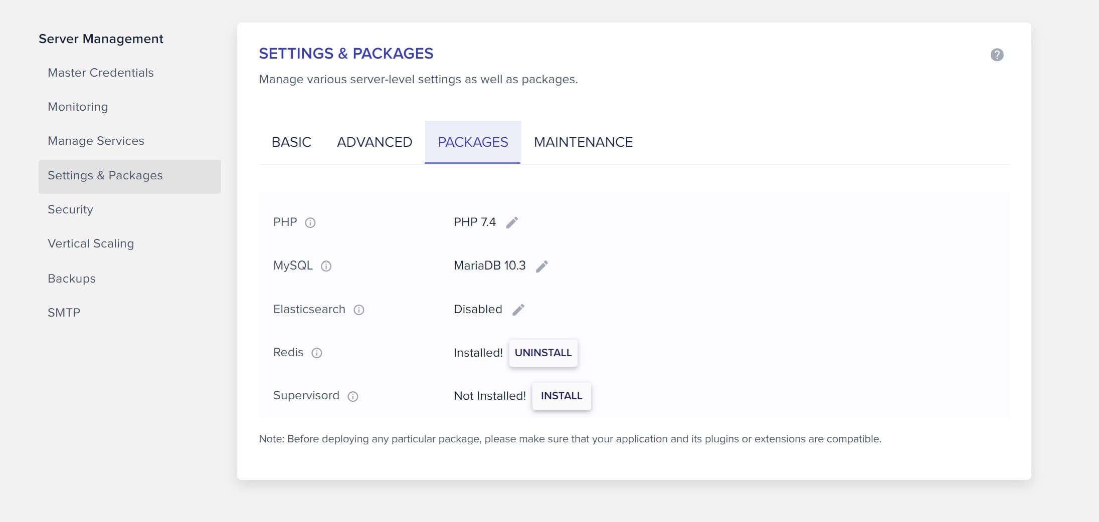Cloudways server settings and packages screen 1