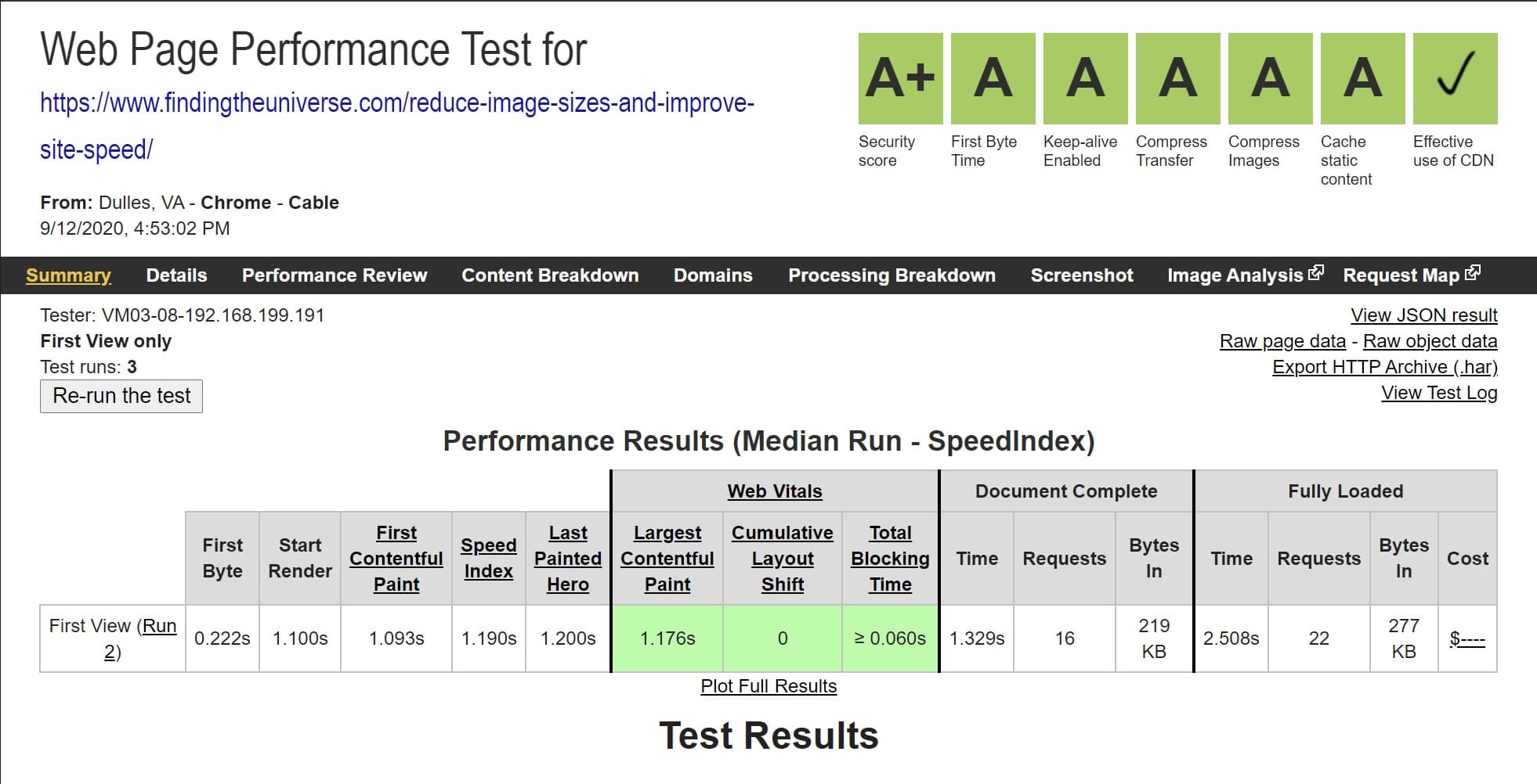 webpagetest score for Cloudways hosted site