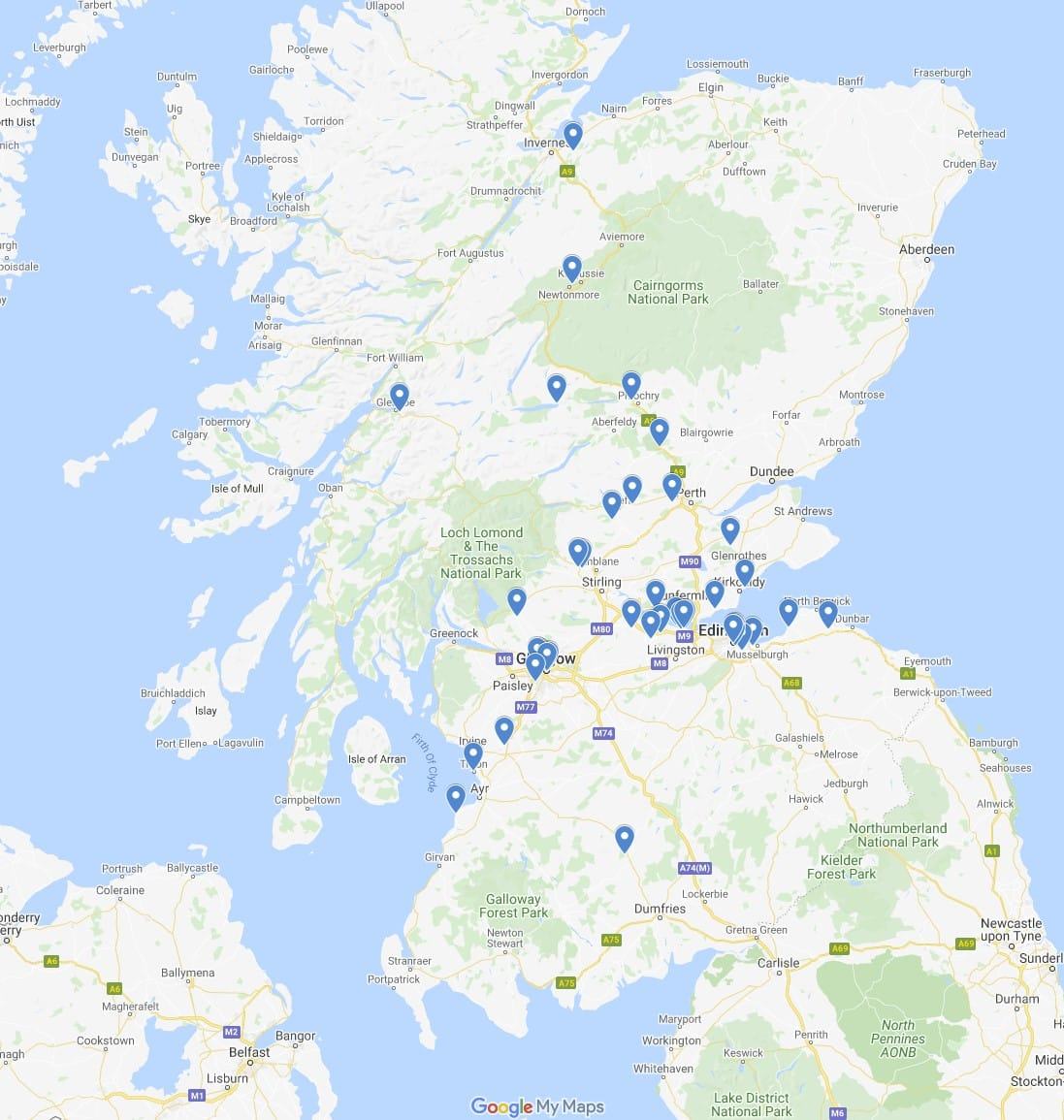 Outlander filming locations Map Scotland