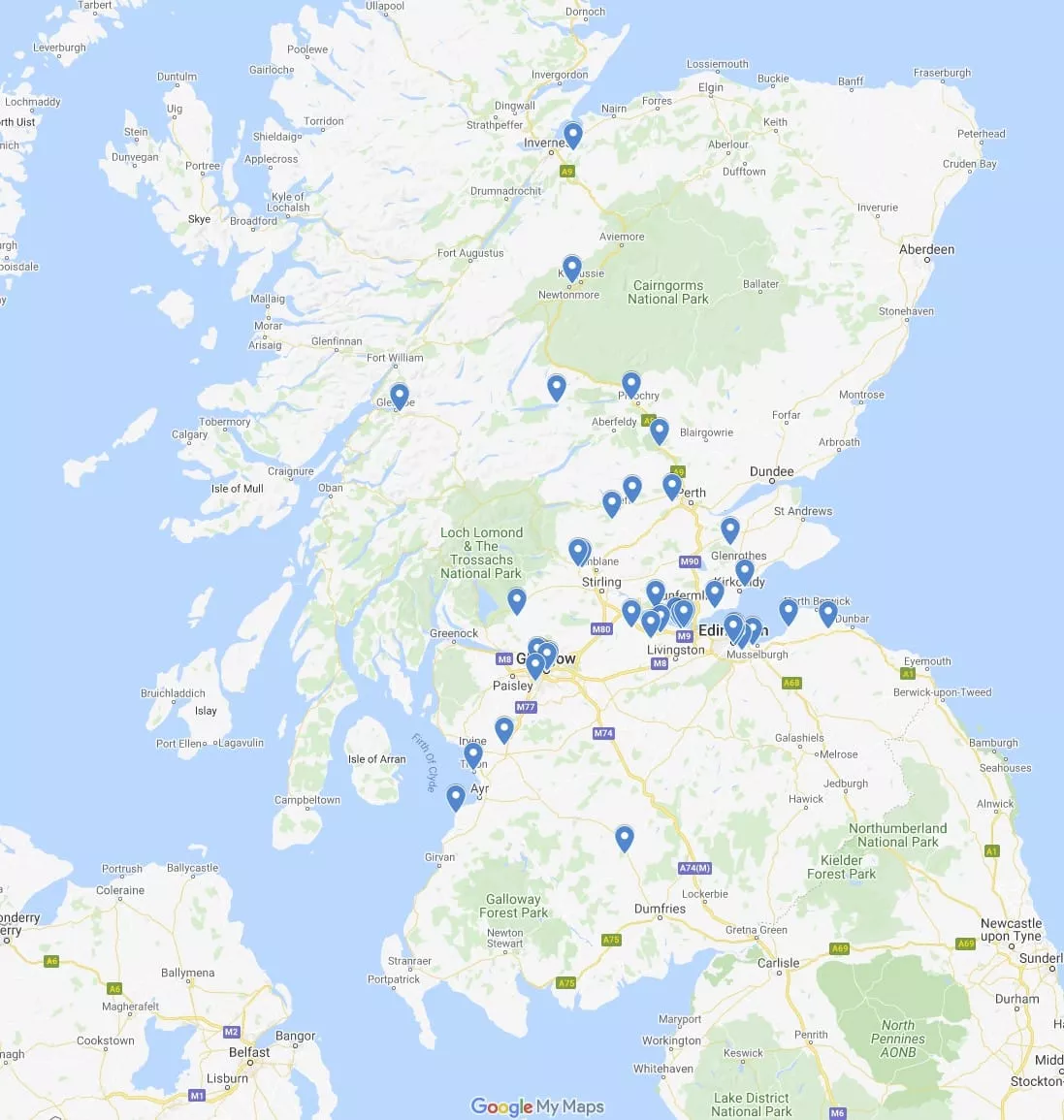 Outlander filming locations Map Scotland