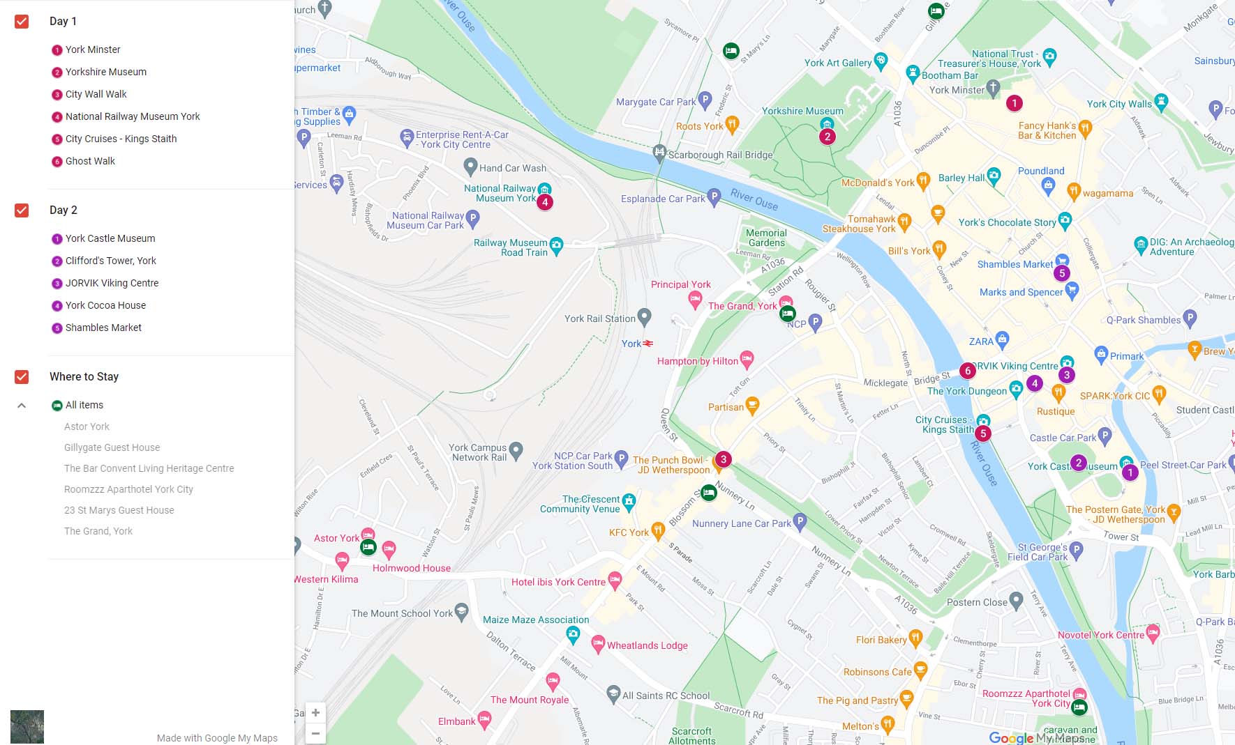 York weekend itinerary map of things to do