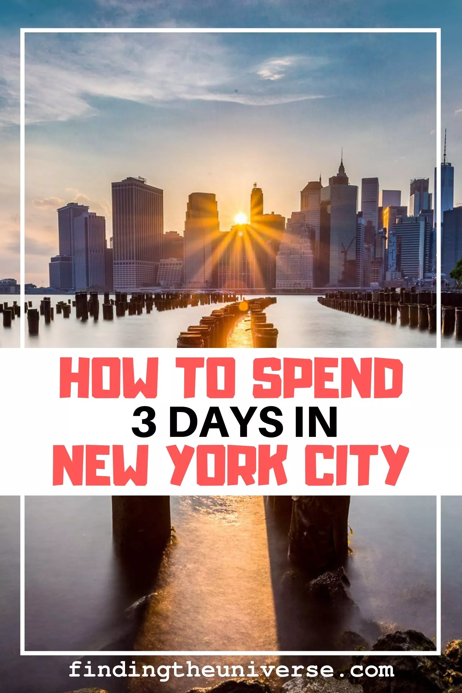 3 day New York itinerary pin image with the highlights of what to see including Central Park, Statue of Liberty, Empire State Building and more