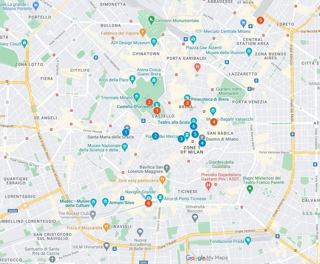 2 days in Milan itinerary map