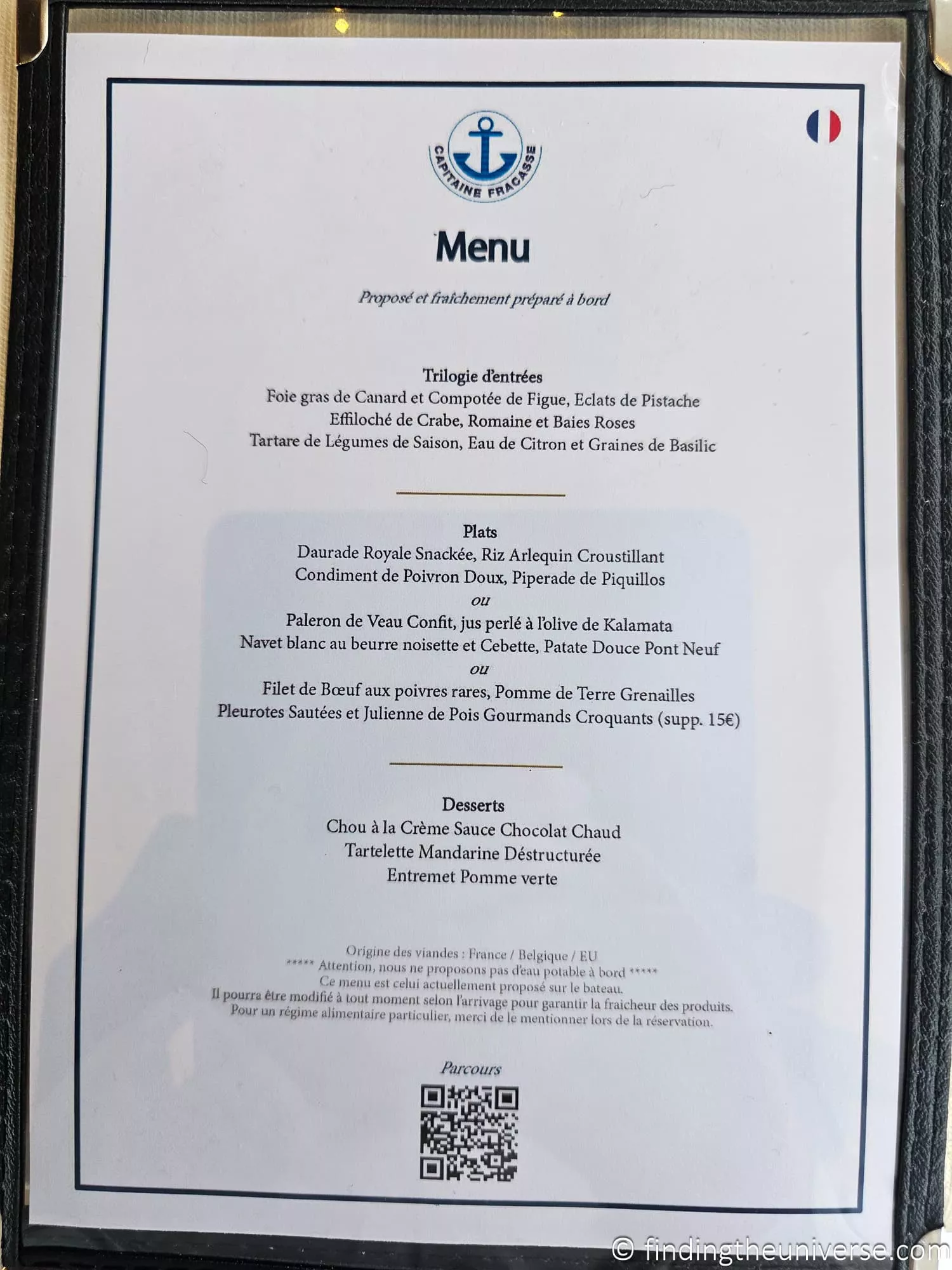 Menu on the Capitaine Fracasse dinner cruise