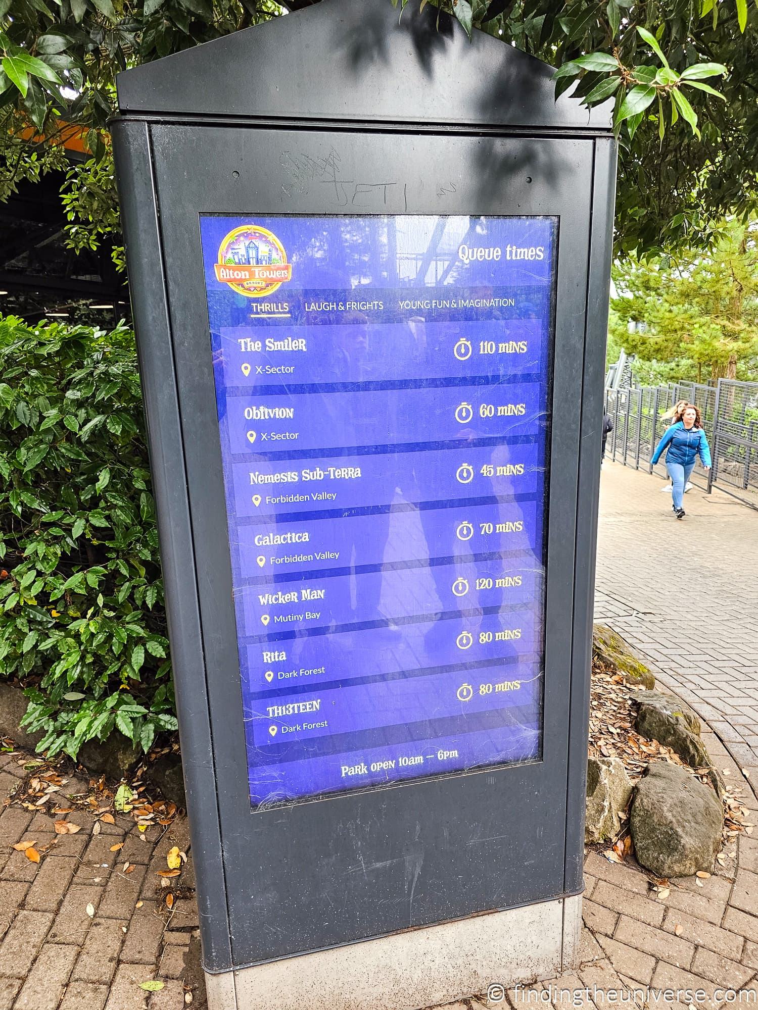 Queue time board at Alton Towers