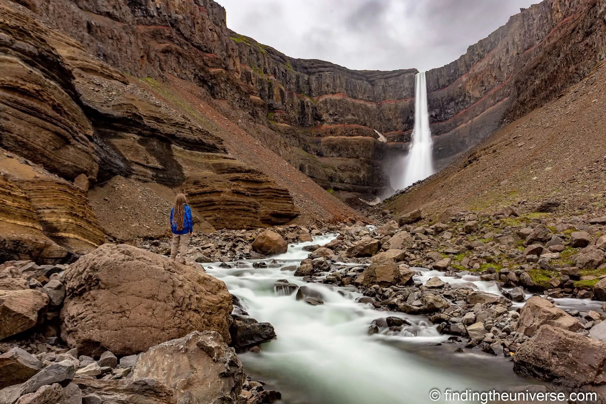 Hengifoss Waterfall Iceland long exposure with person by Laurence Norah
