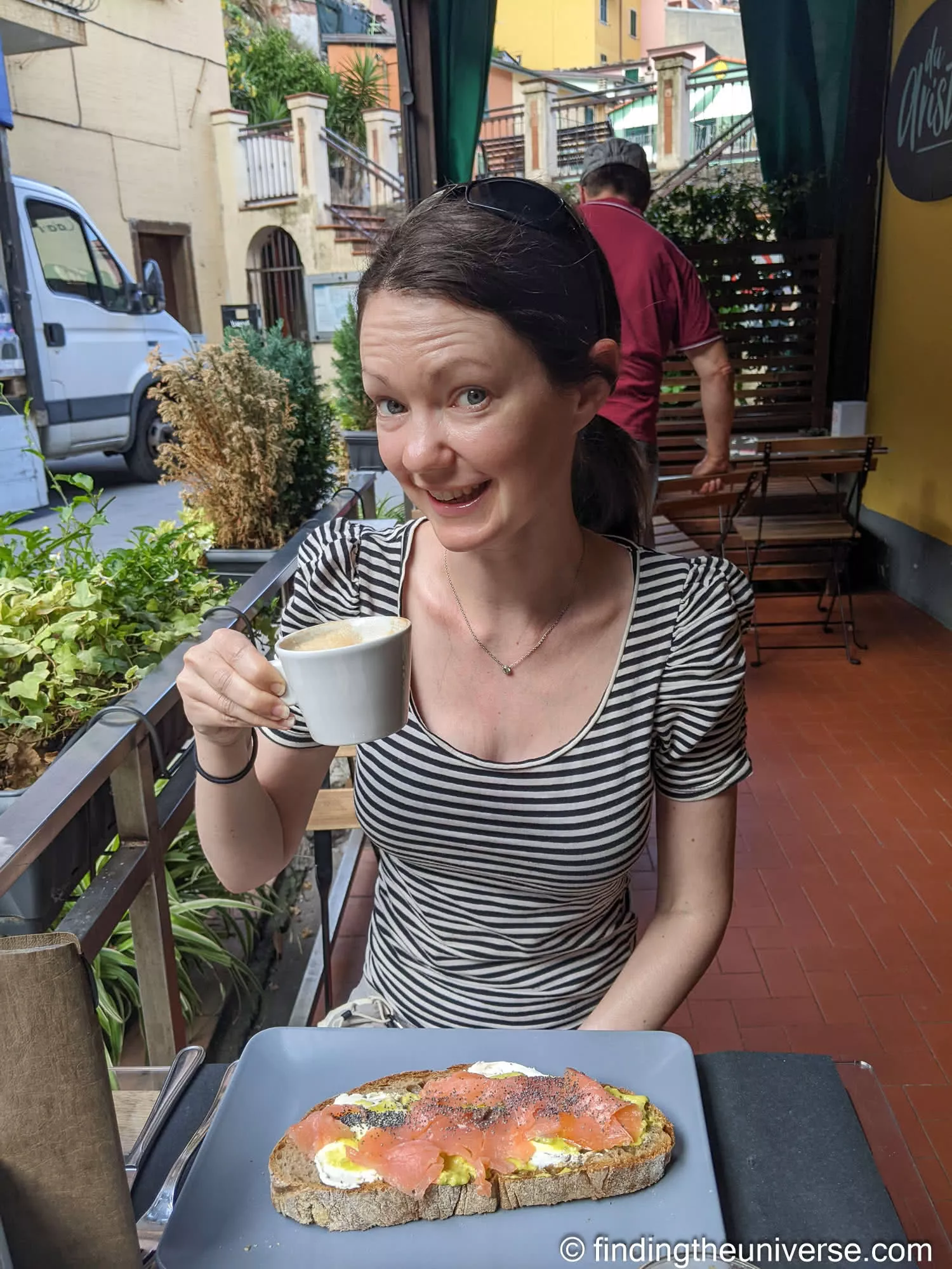 Jess having breakfast and coffee in Manarola, Cinque Terre