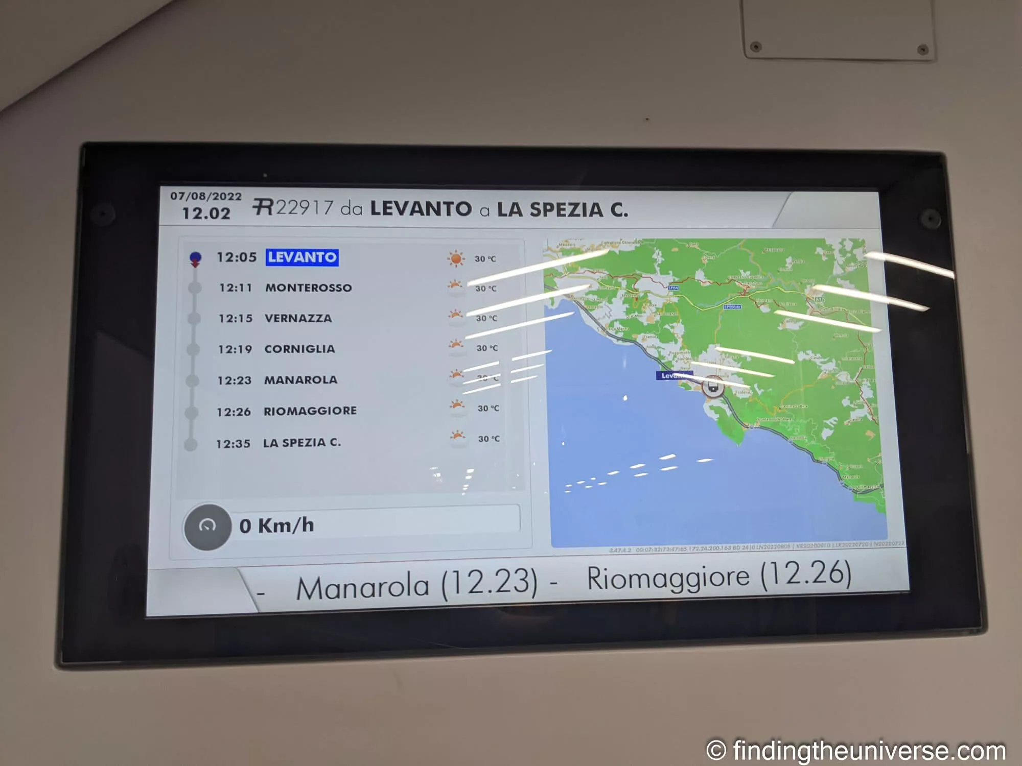 In-train screen showing the Cinque Terre Express stops and times