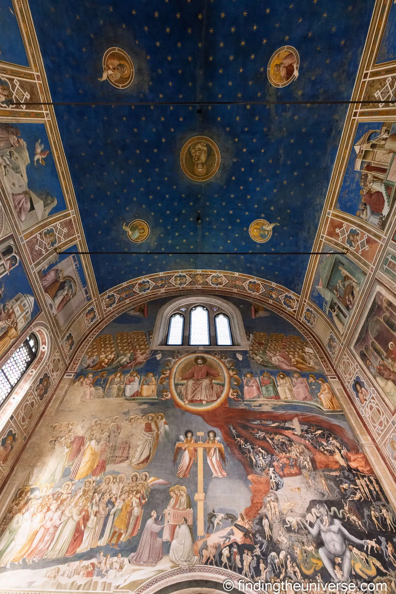 Giotto's blue frescoed ceiling and Last Judgment wall inside the Scrovegni Chapel, Padua