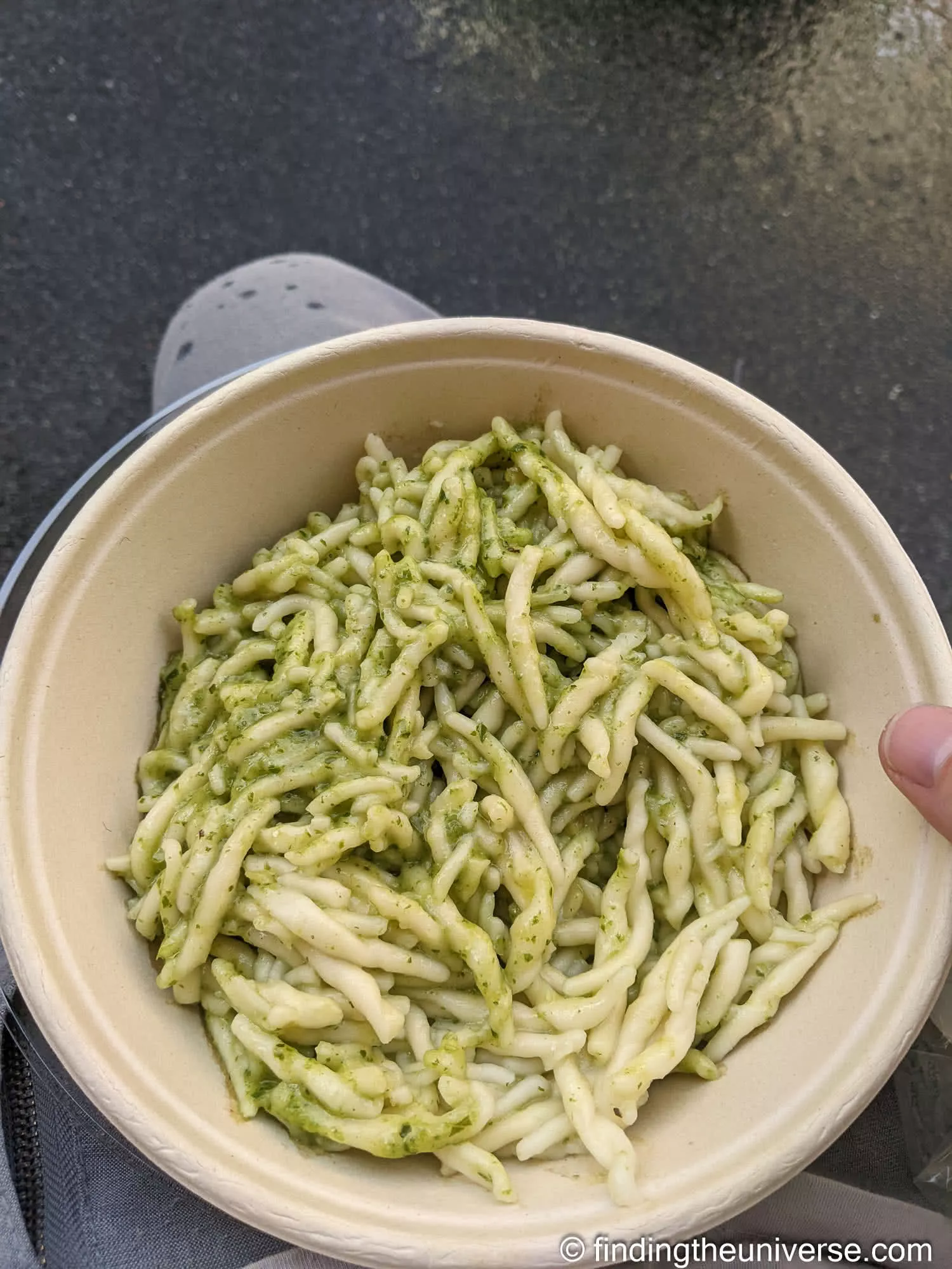 A tub of trofie al pesto from Manarola's takeaway pasta shop