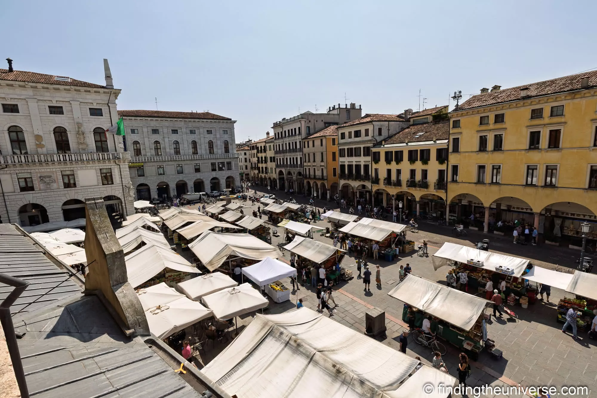 The market stalls of Piazza delle Erbe seen from the Palazzo della Ragione roof terrace, Padua