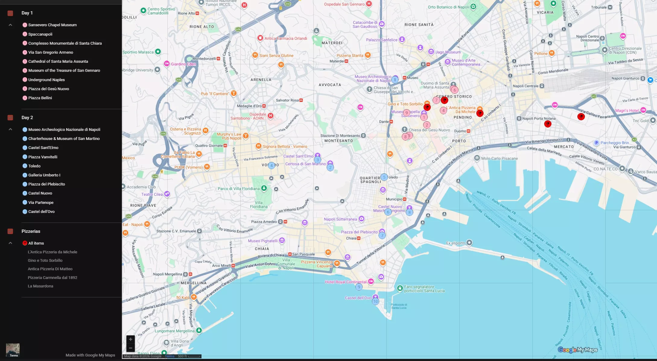 2 day Naples map with pizzerias