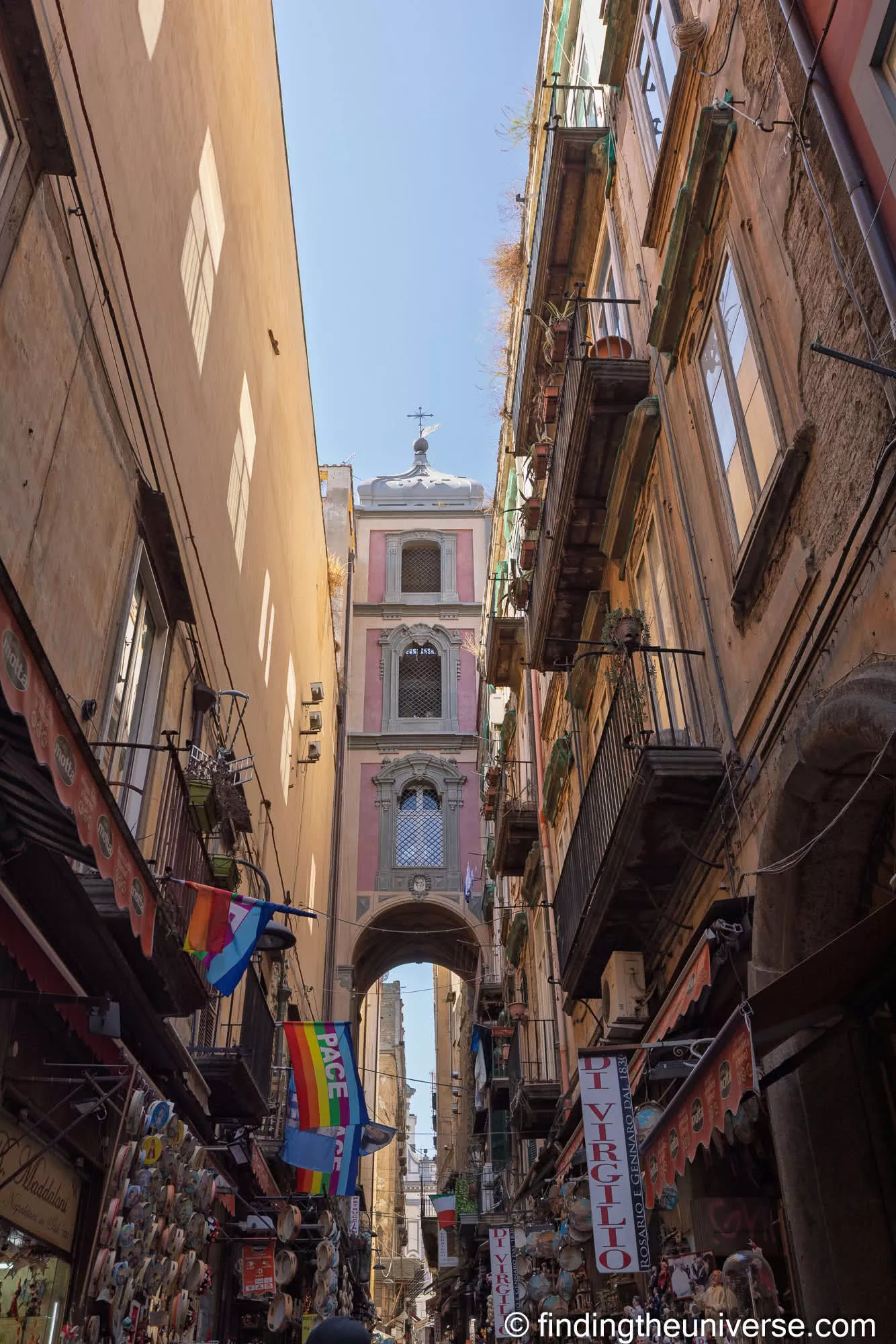 The bell-tower bridge arching over Via San Gregorio Armeno in the Naples old town
