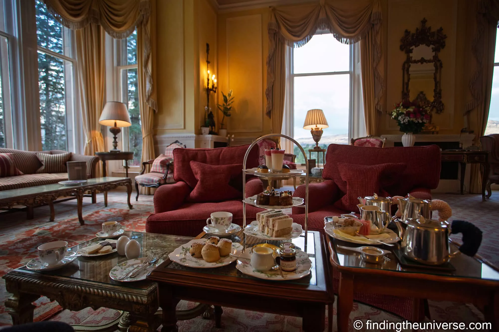 Afternoon tea laid out at Inverlochy Castle Hotel
