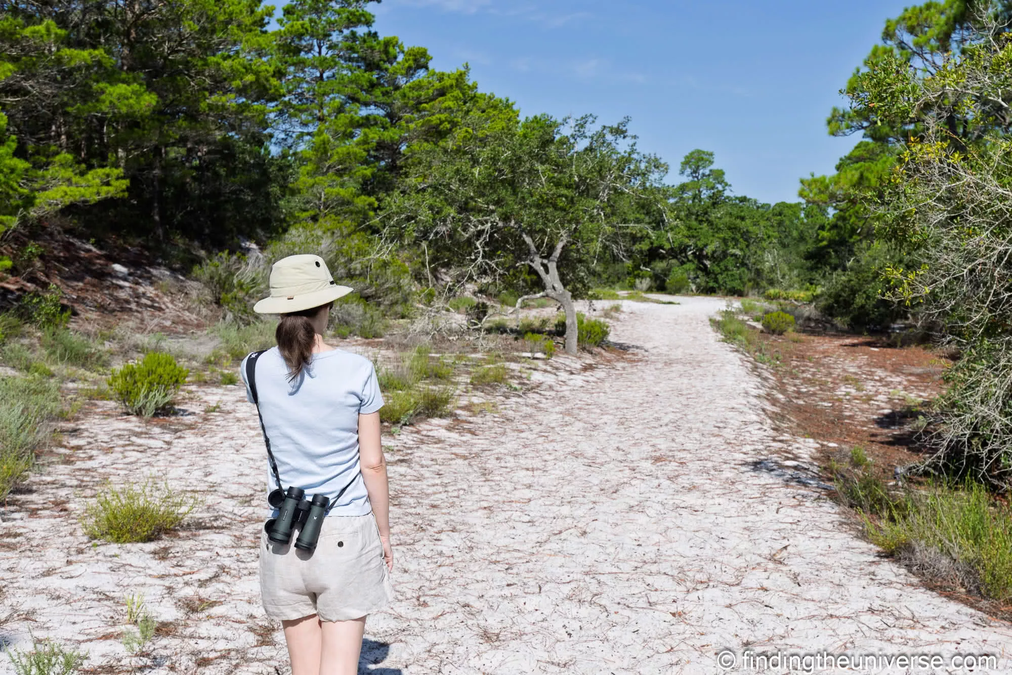 Carrying binoculars on the sand path at Bon Secour National Wildlife Refuge