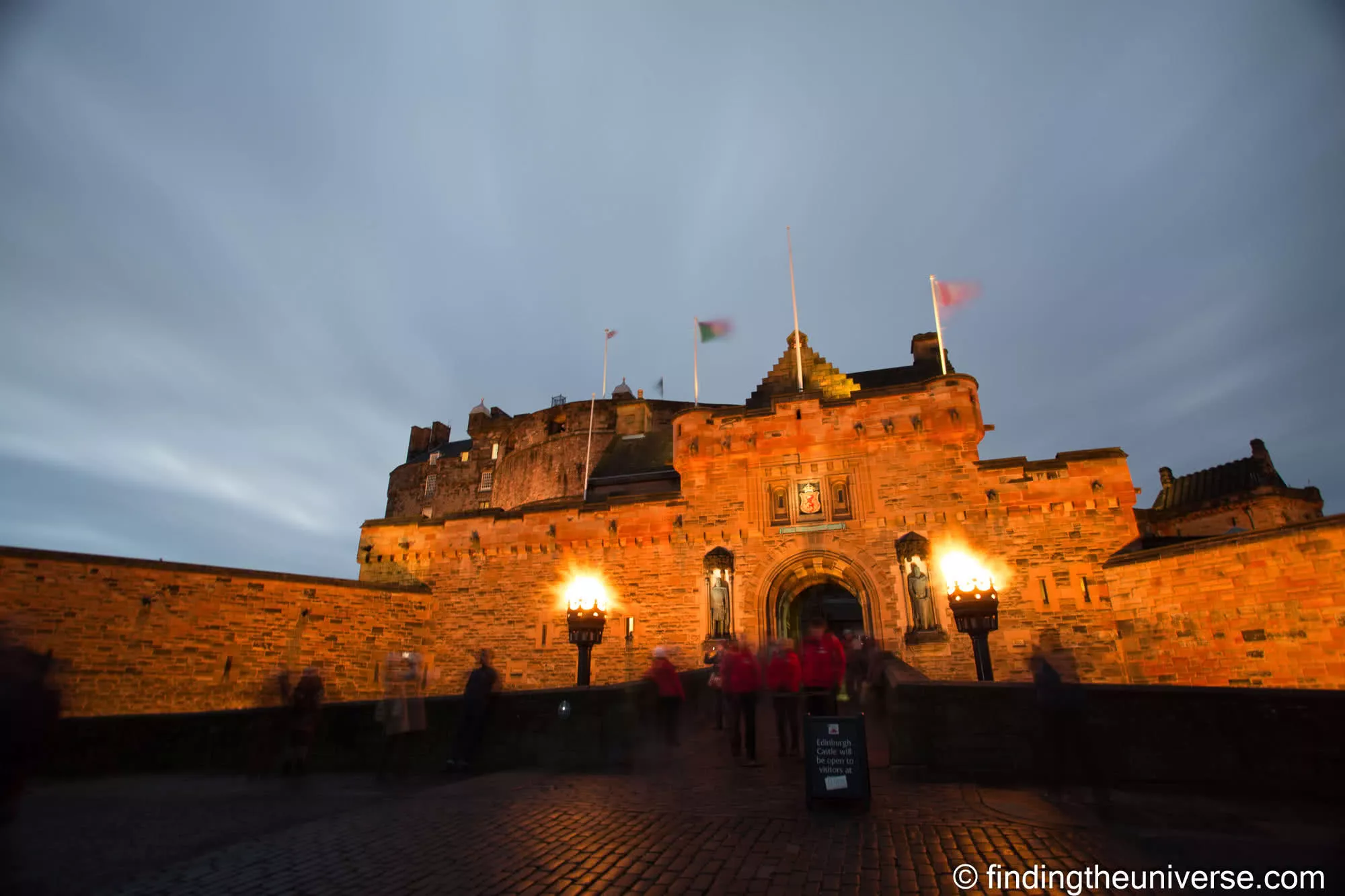Edinburgh Castle gatehouse floodlit at dusk