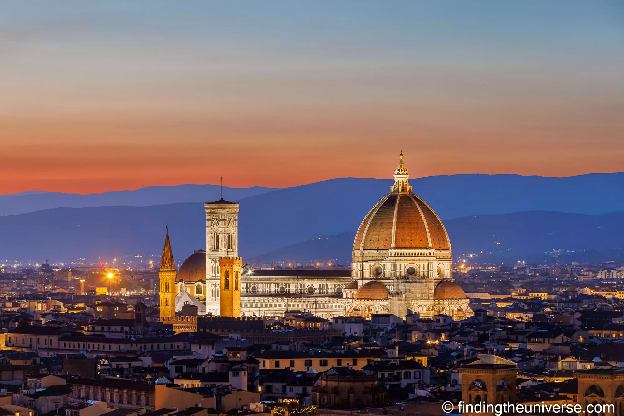 Florence Cathedral and the city skyline at blue hour