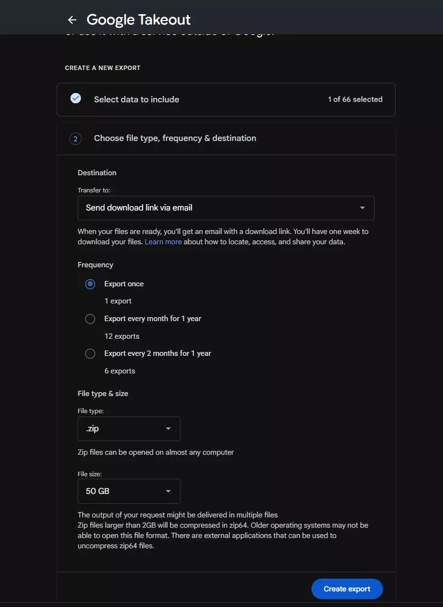 Google takeout screen
