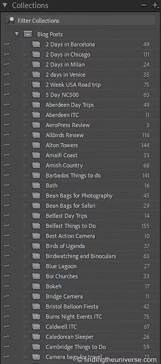 The Collections panel in Lightroom, with a separate collection for each blog post
