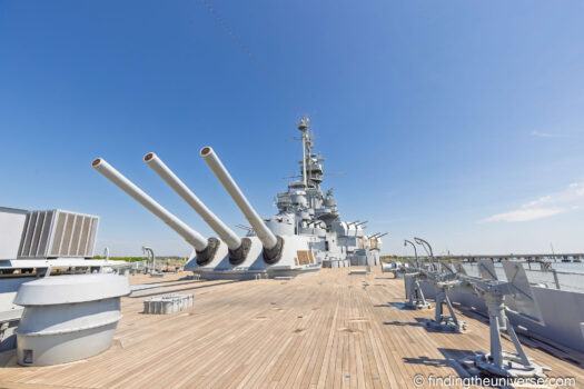 Main guns and superstructure on the USS Alabama's forward deck