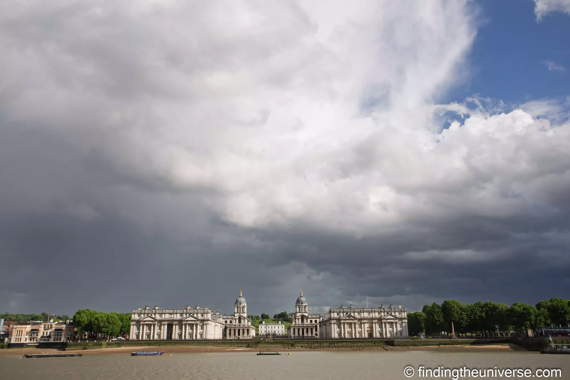 Old Royal Naval College from Island Gardens, breaking sky