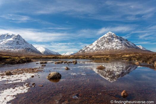 Snow-covered Buachaille Etive Mor reflected in Glencoe