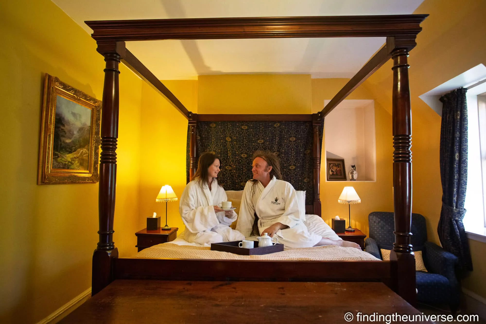 Tea in the four-poster at Dalmunzie Castle Hotel