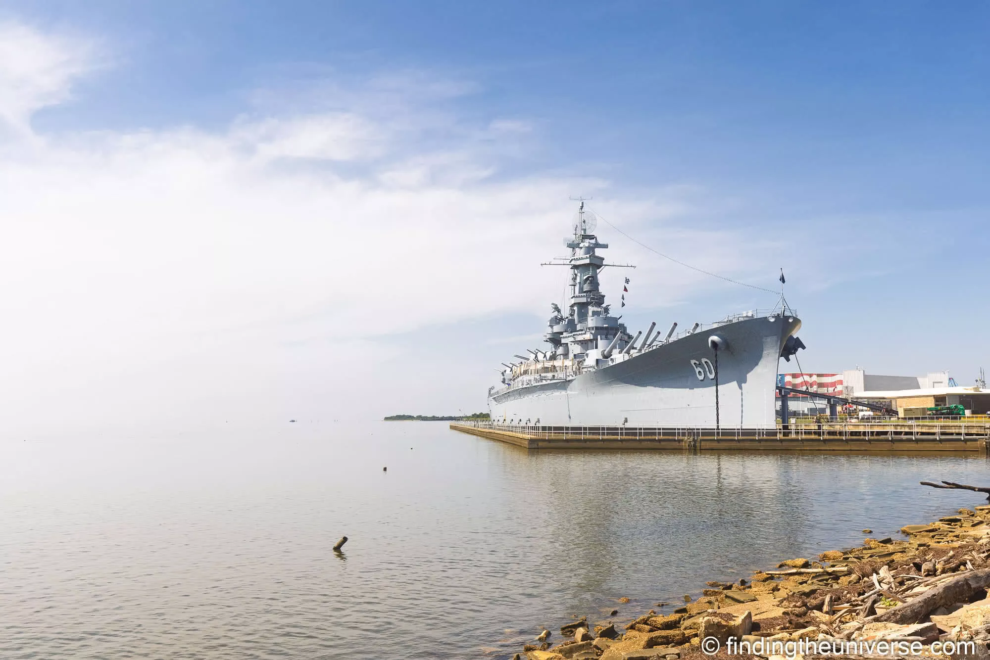 USS Alabama across the water from the causeway shoreline