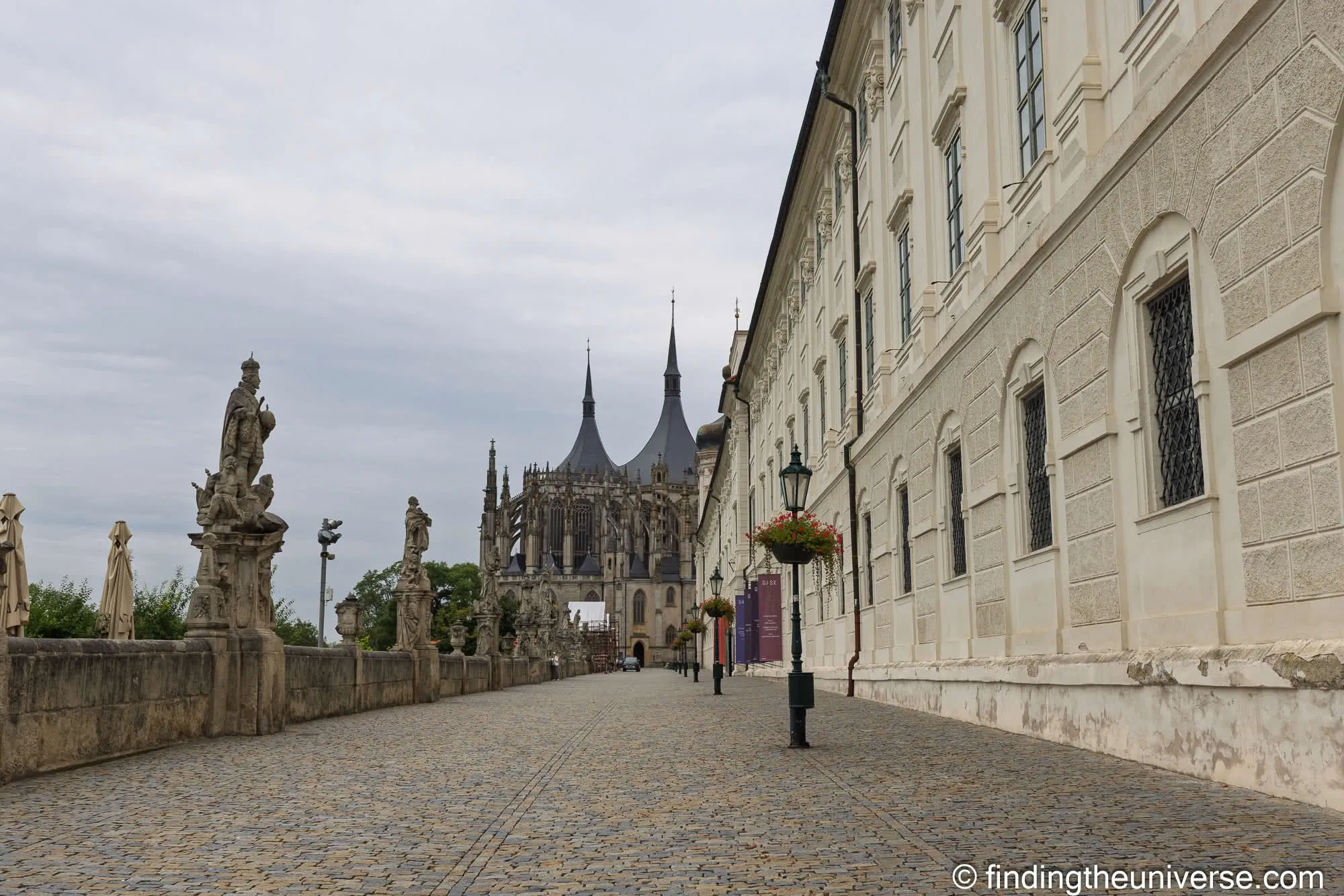 Barborská terrace with its statues, the Jesuit College and St Barbara's Cathedral, Kutná Hora