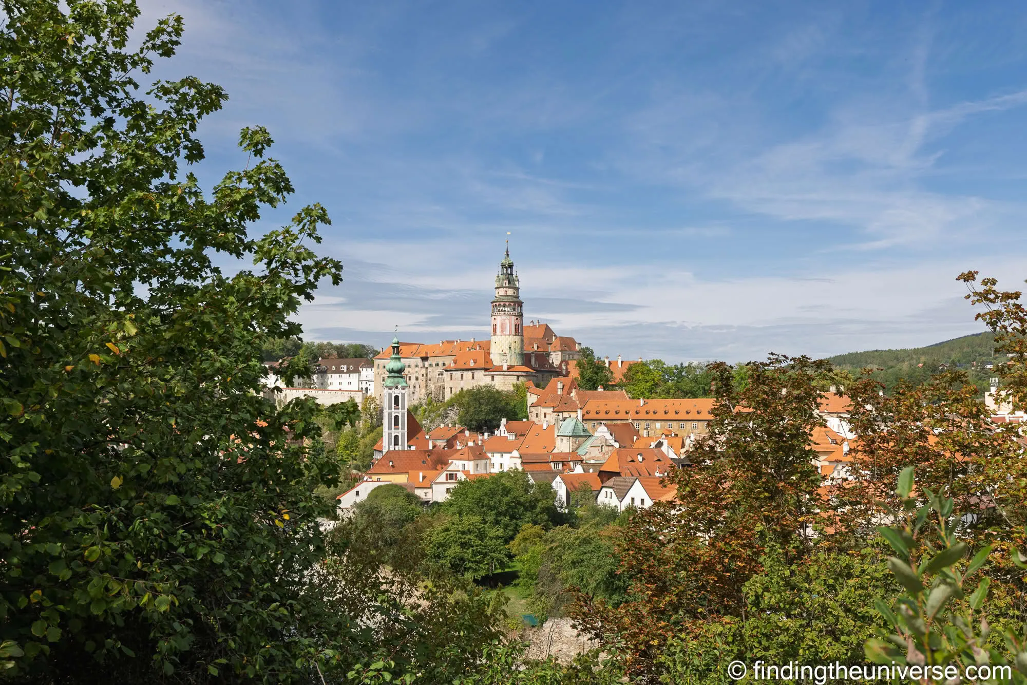 Český Krumlov Castle tower and town from a viewpoint
