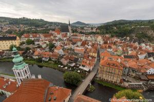 Český Krumlov old town, St Vitus Church and the Vltava from the castle tower