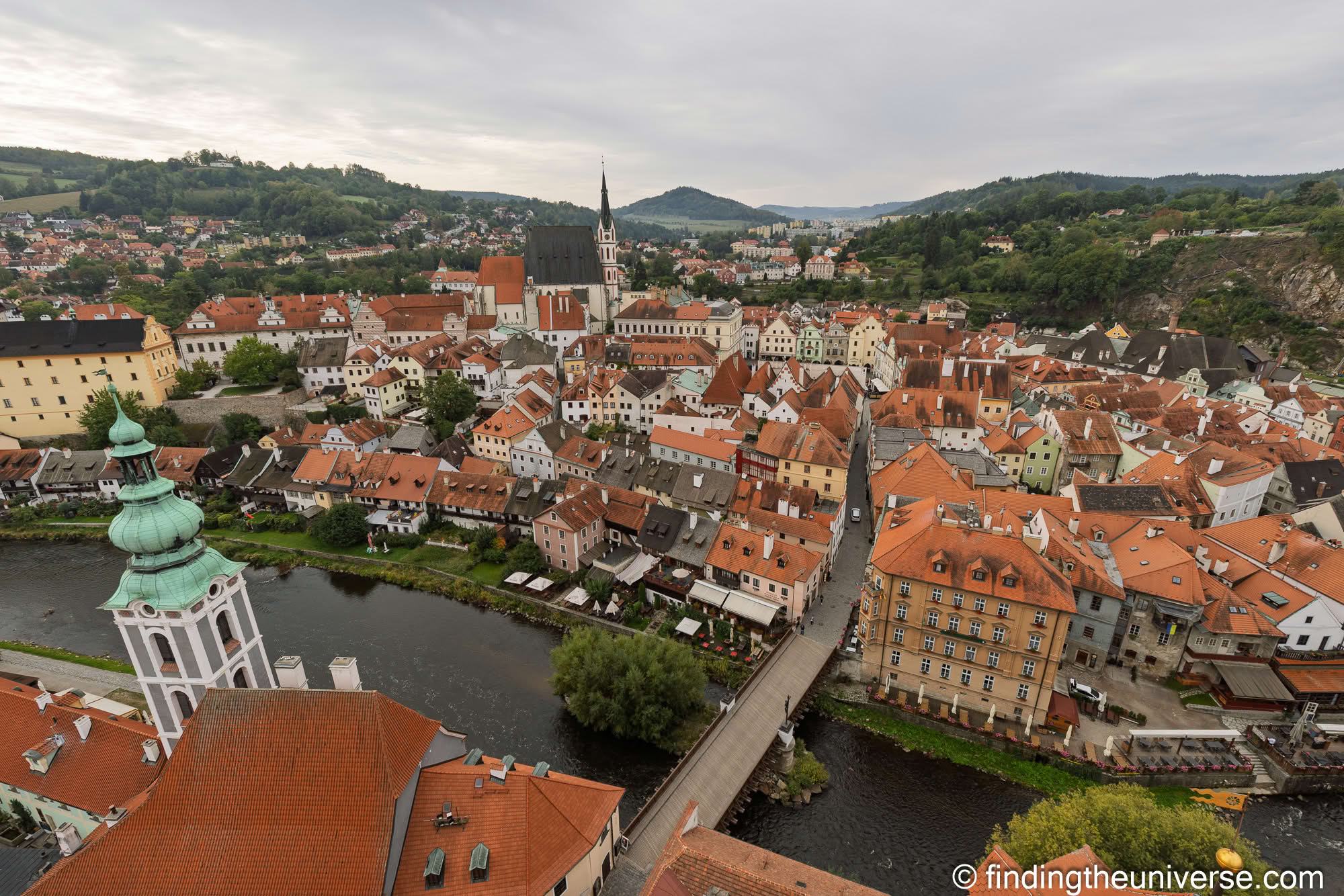 Český Krumlov old town, St Vitus Church and the Vltava from the castle tower