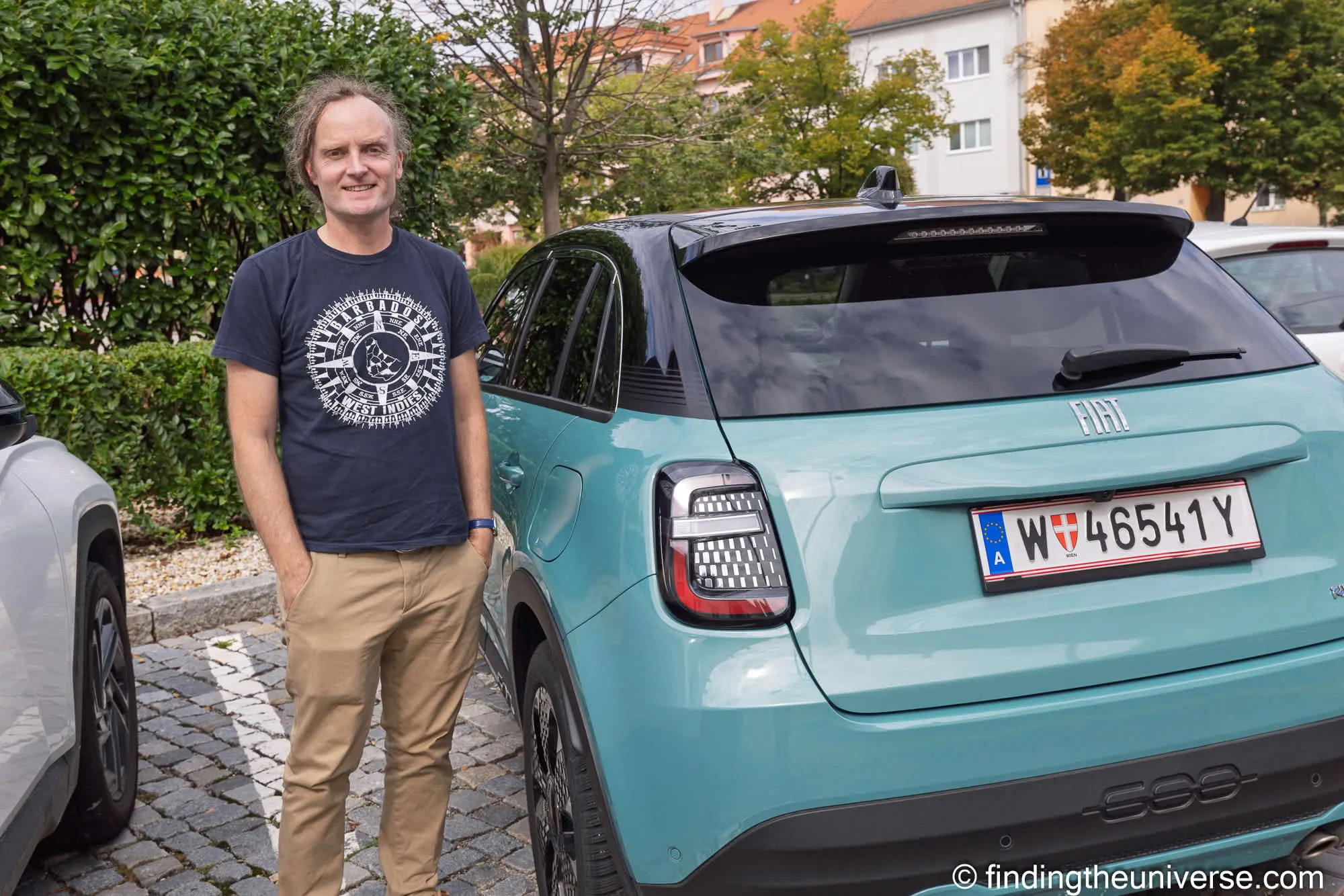 Laurence with a Fiat 600 hire car in Moravský Krumlov