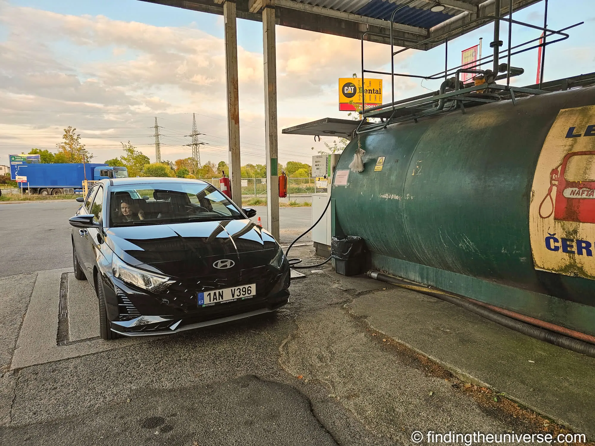 Refuelling the hire car at a petrol station near Prague