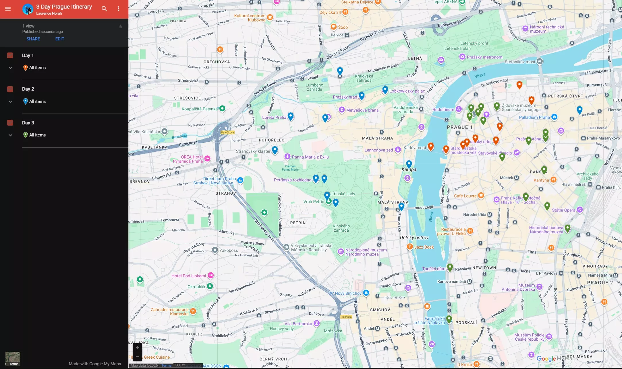 3 day Prague Itinerary Map