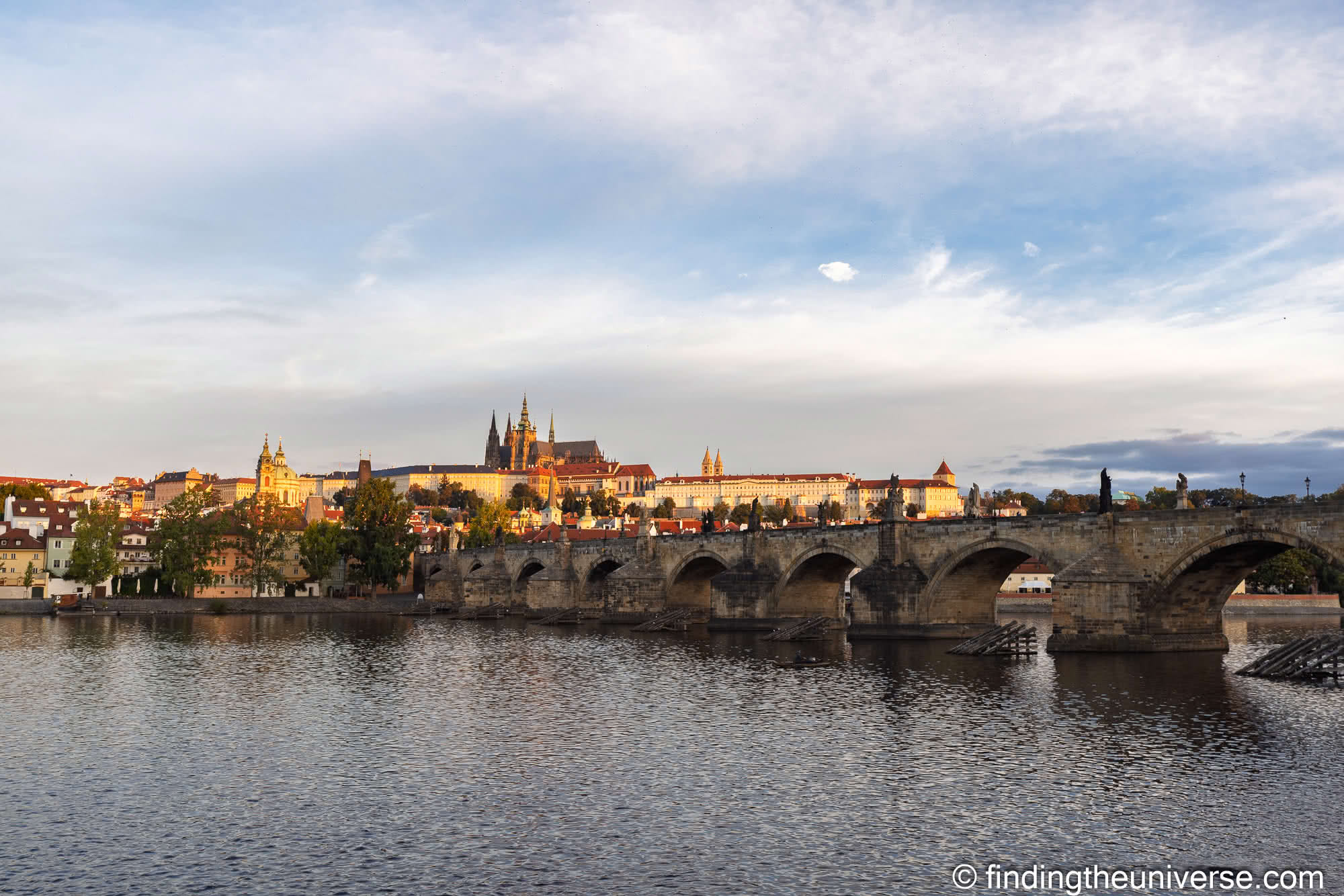 Charles Bridge and Prague Castle at dawn across the Vltava