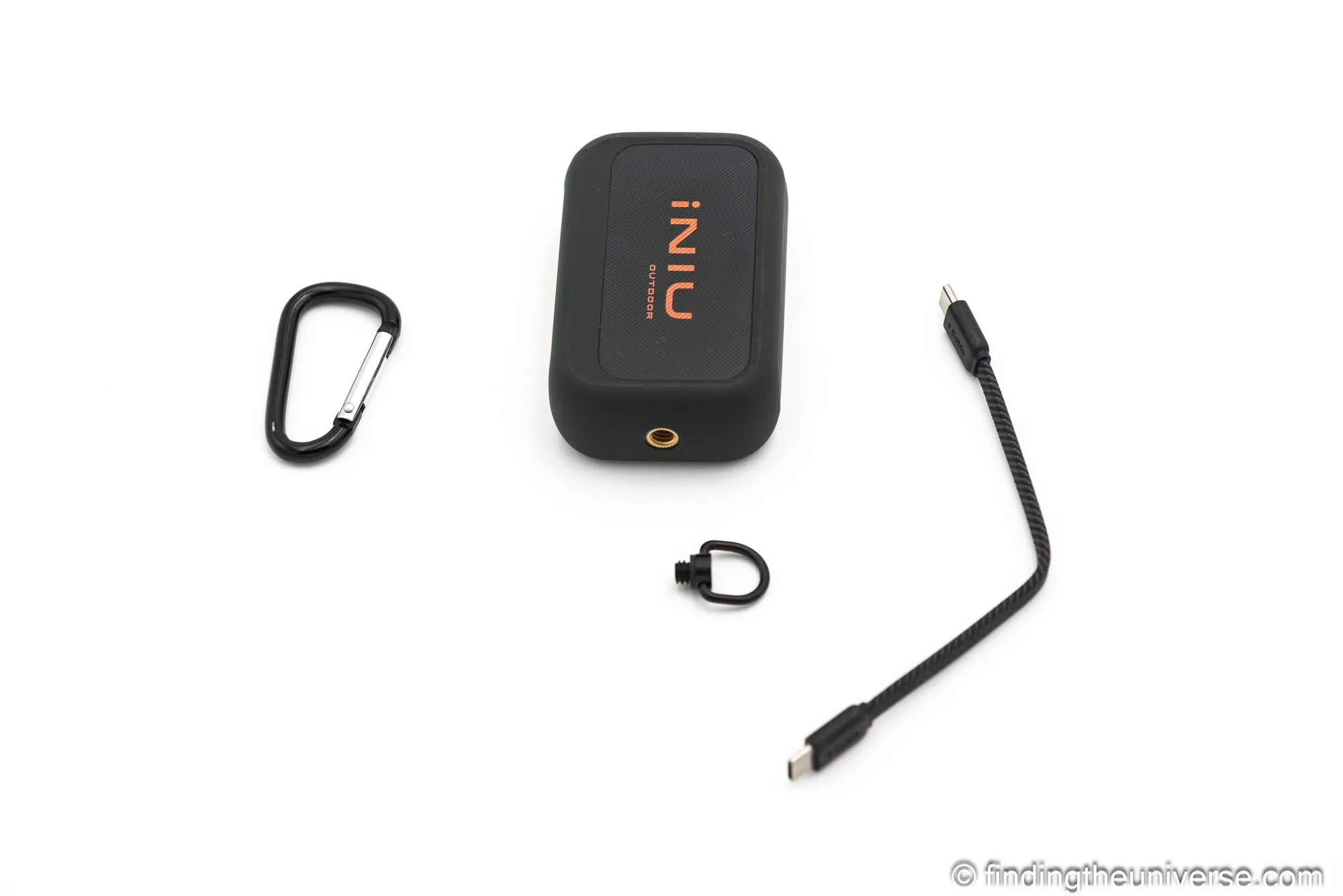 INIU RG-10000 box contents with the power bank, USB-C cable, carabiner and D-ring screw