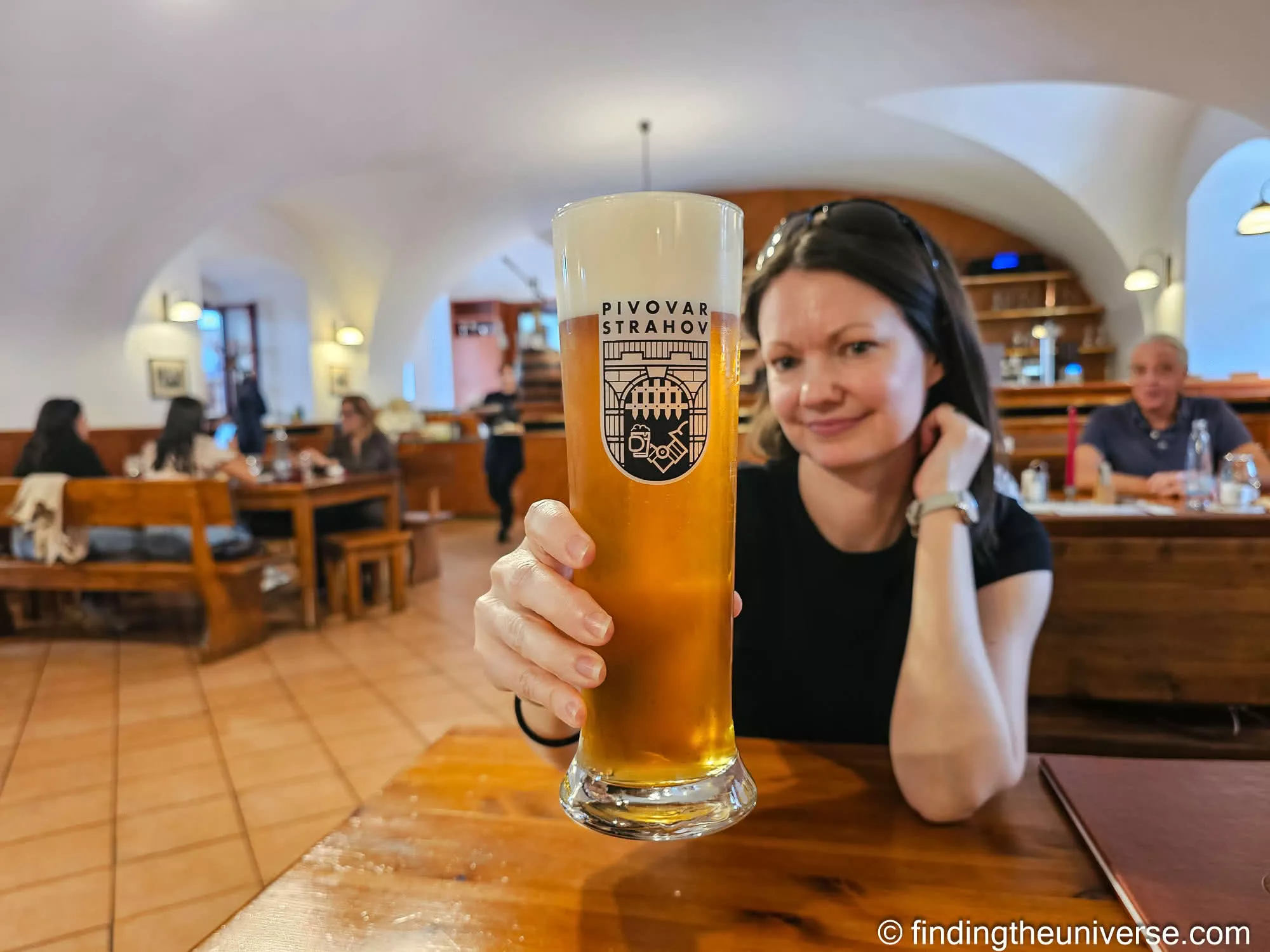 Jess with a Strahov beer at the Strahov Monastery Brewery, Prague